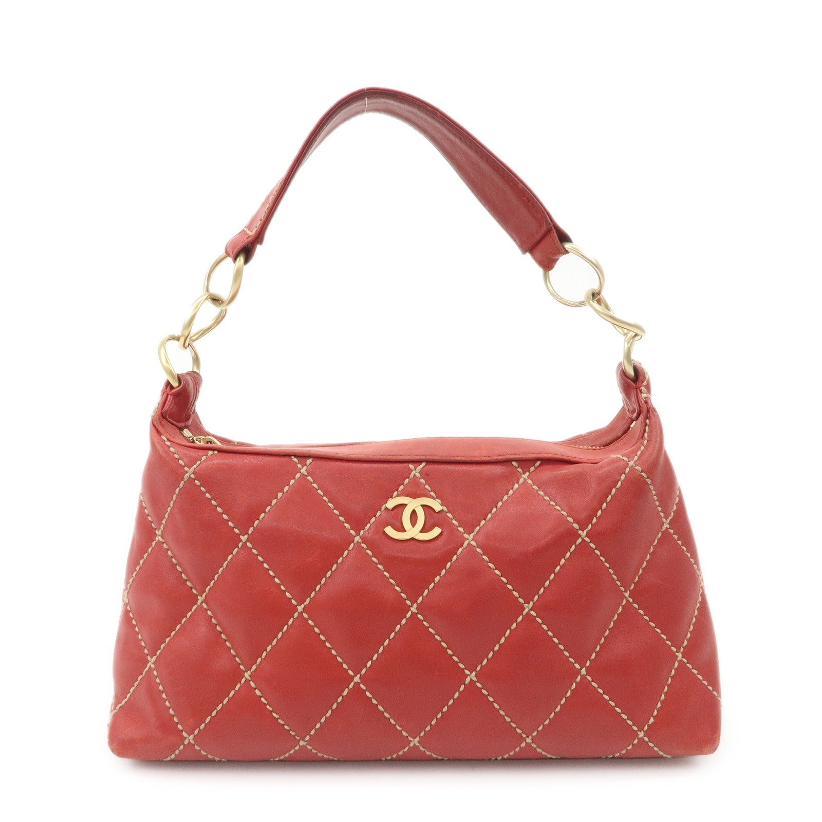 CHANEL COCO Mark Wild Stitch Lamb Skin Leather Hand Bag Red