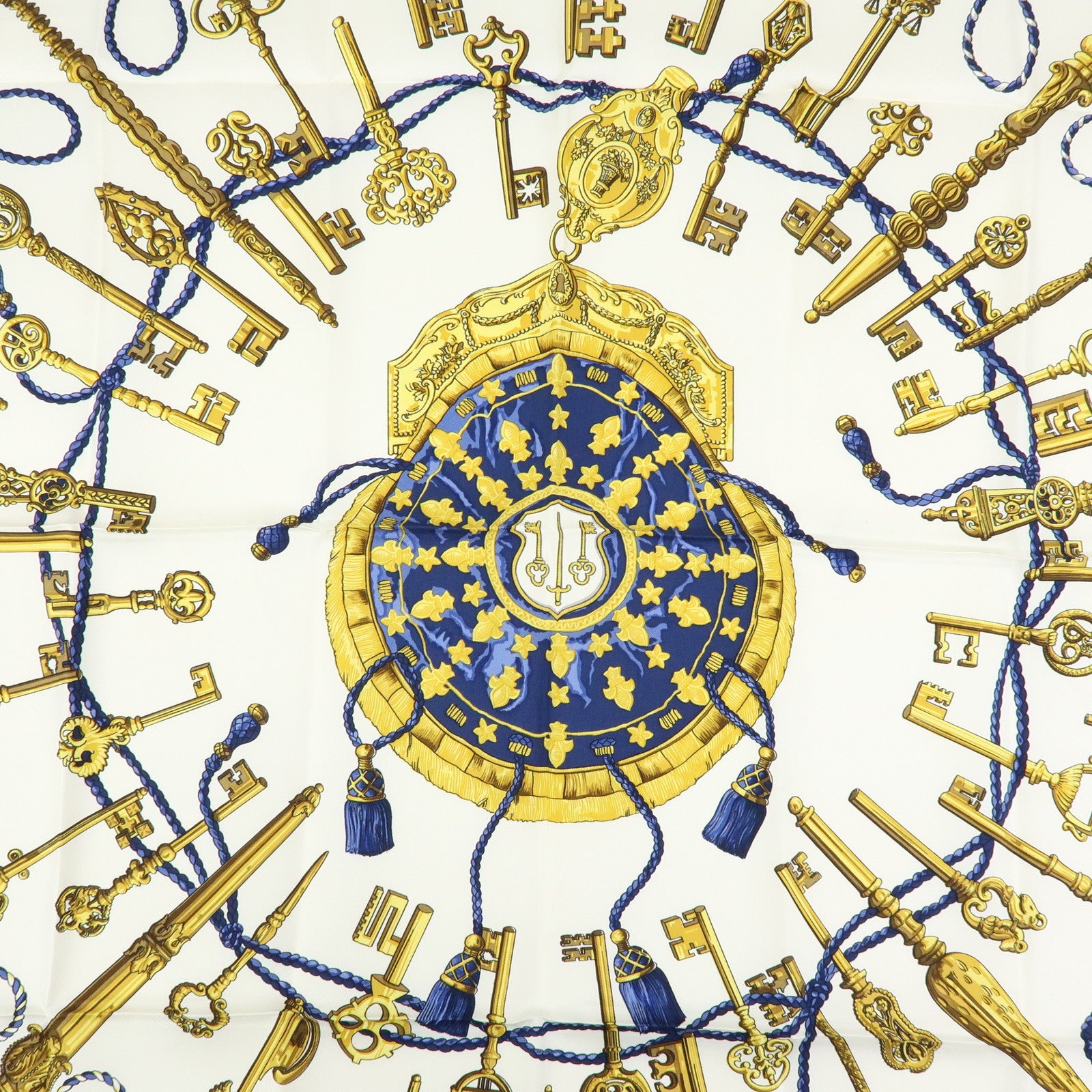 HERMES Carre 90 Silk 100% Scarf LES CLES THE KEYS RARE White Navy