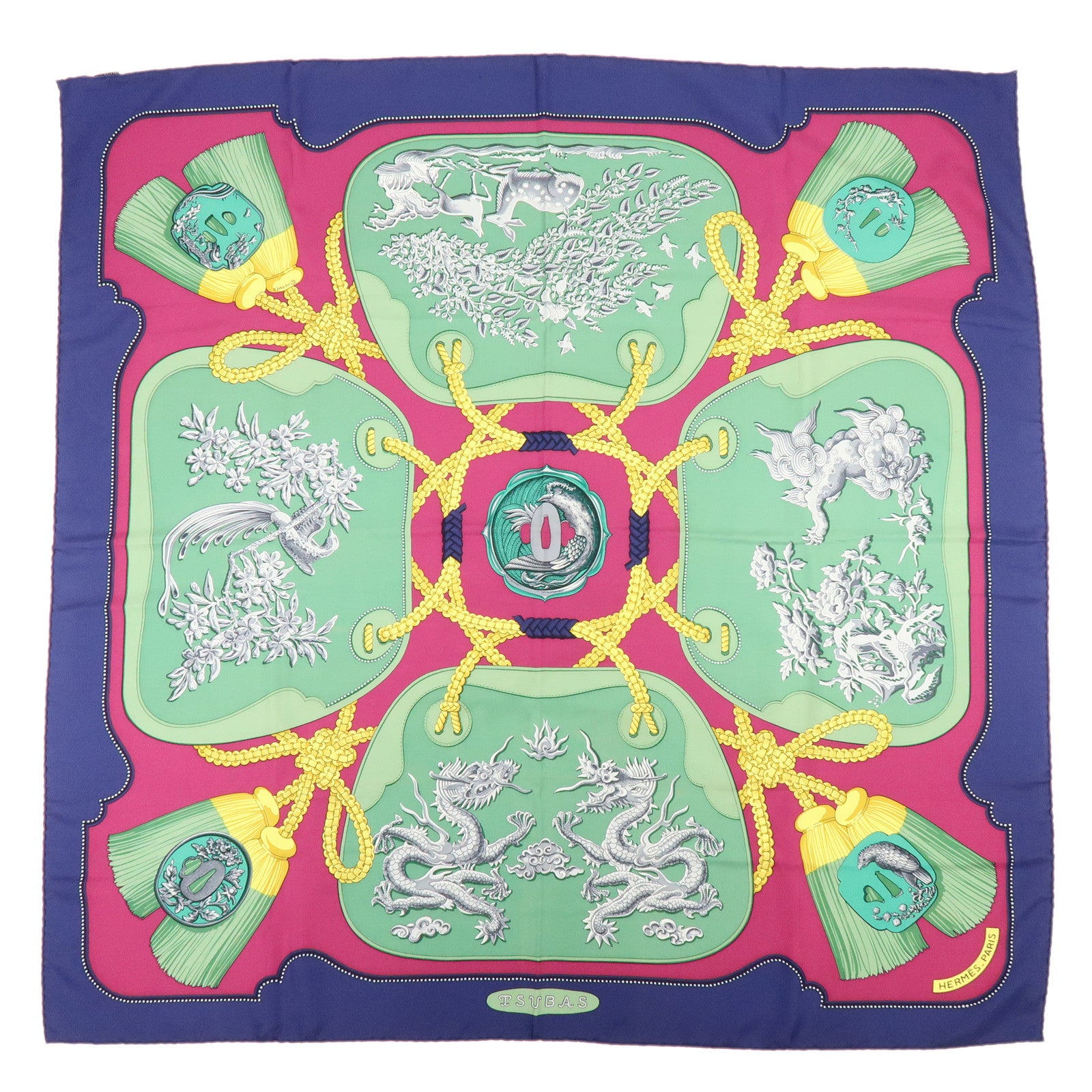 HERMES Carre 90 Silk 100% Scarf TSUBAS Guard Print Purple Green