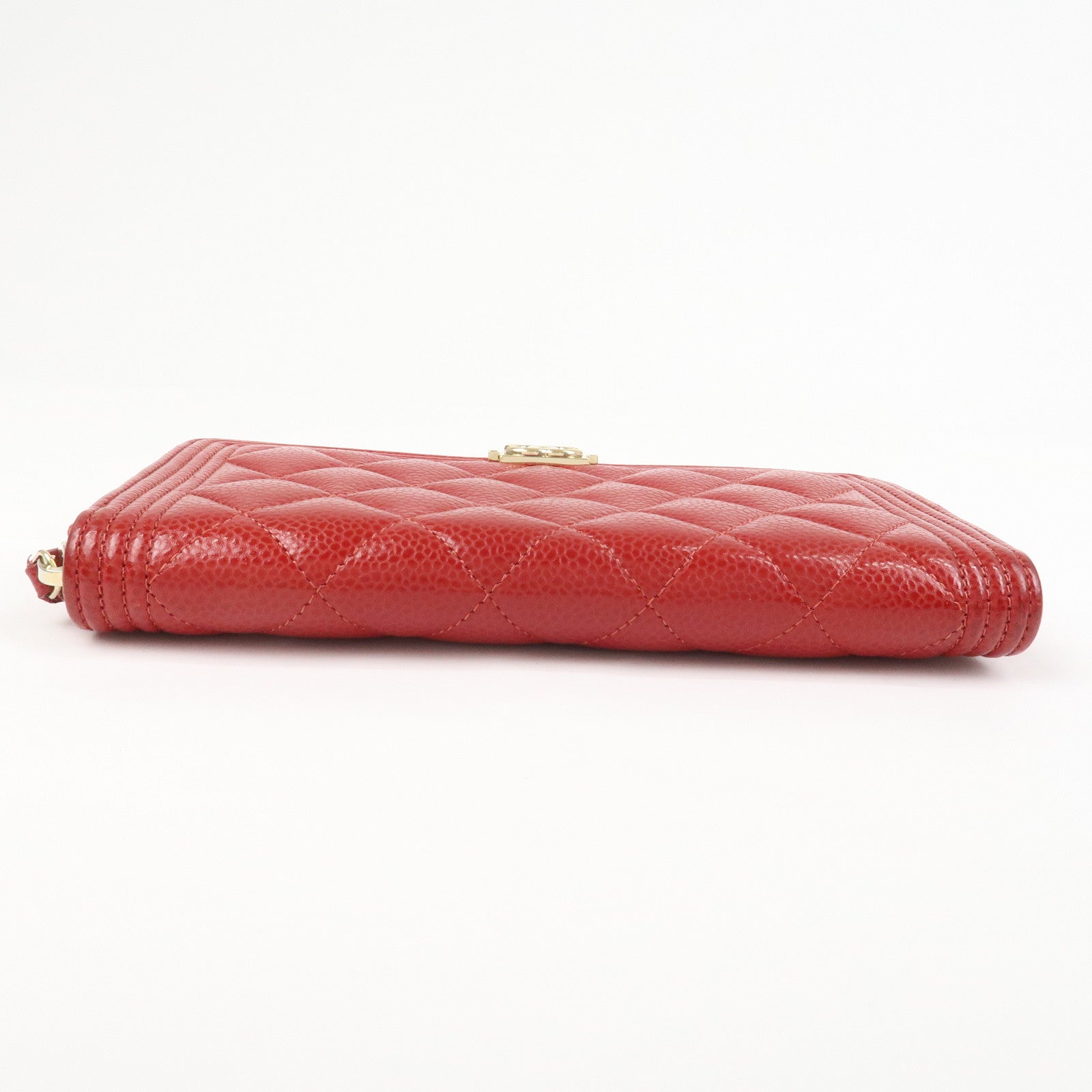 CHANEL BOY CHANEL Caviarskin Round Zippy Wallet Red Gold A68912
