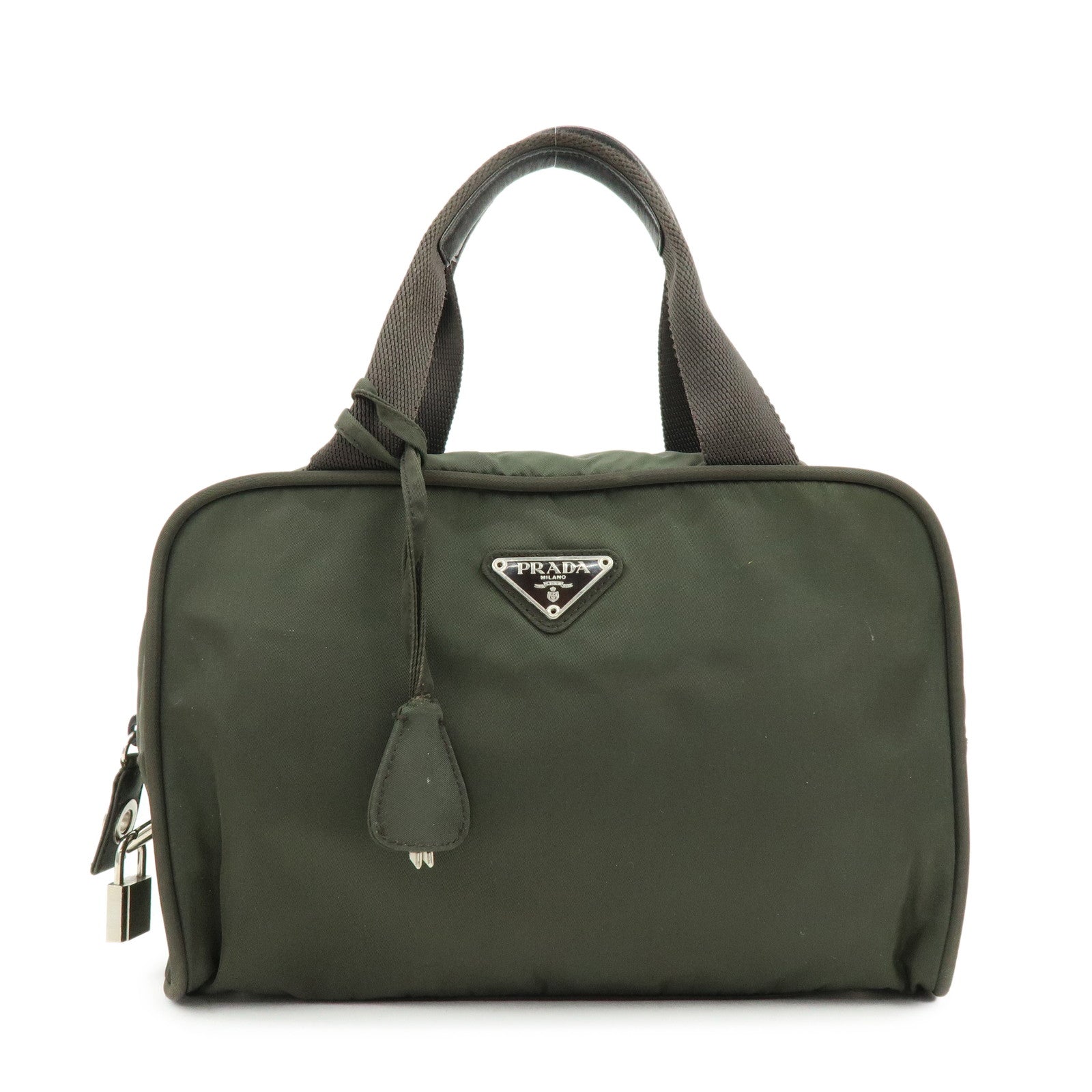 PRADA Triangle Logo Nylon Leather Hand Bag Tote Boston Bag Khaki