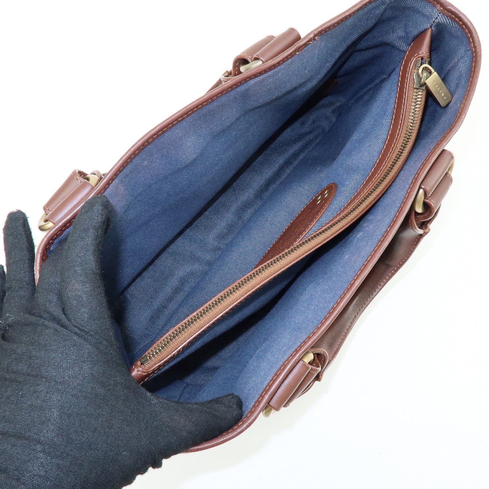 CELINE Macadam Denim Leather Boogie Bag Hand Bag Blue Brown