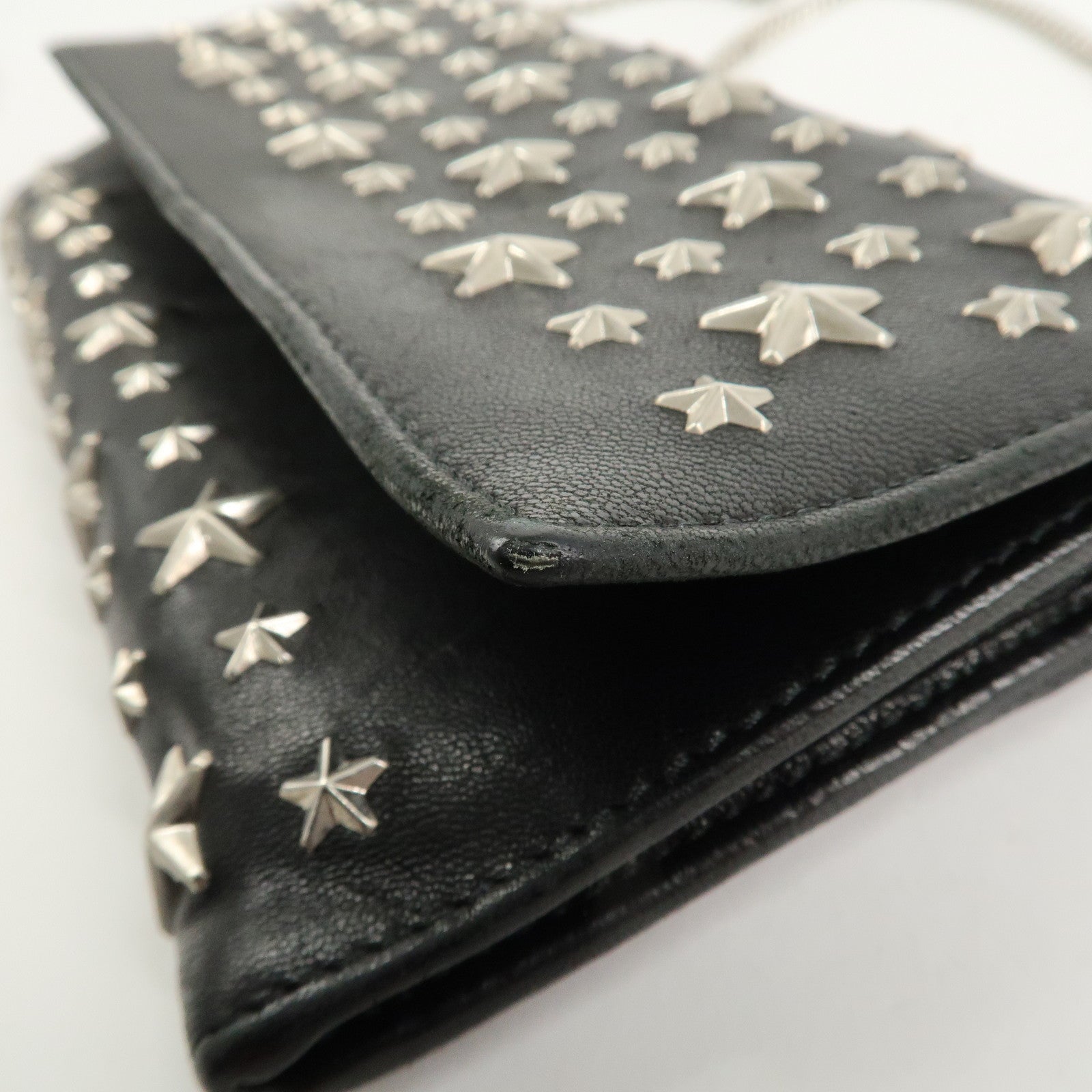 JIMMY CHOO Leather Studs Chain Wallet Shoulder Bag Black Used