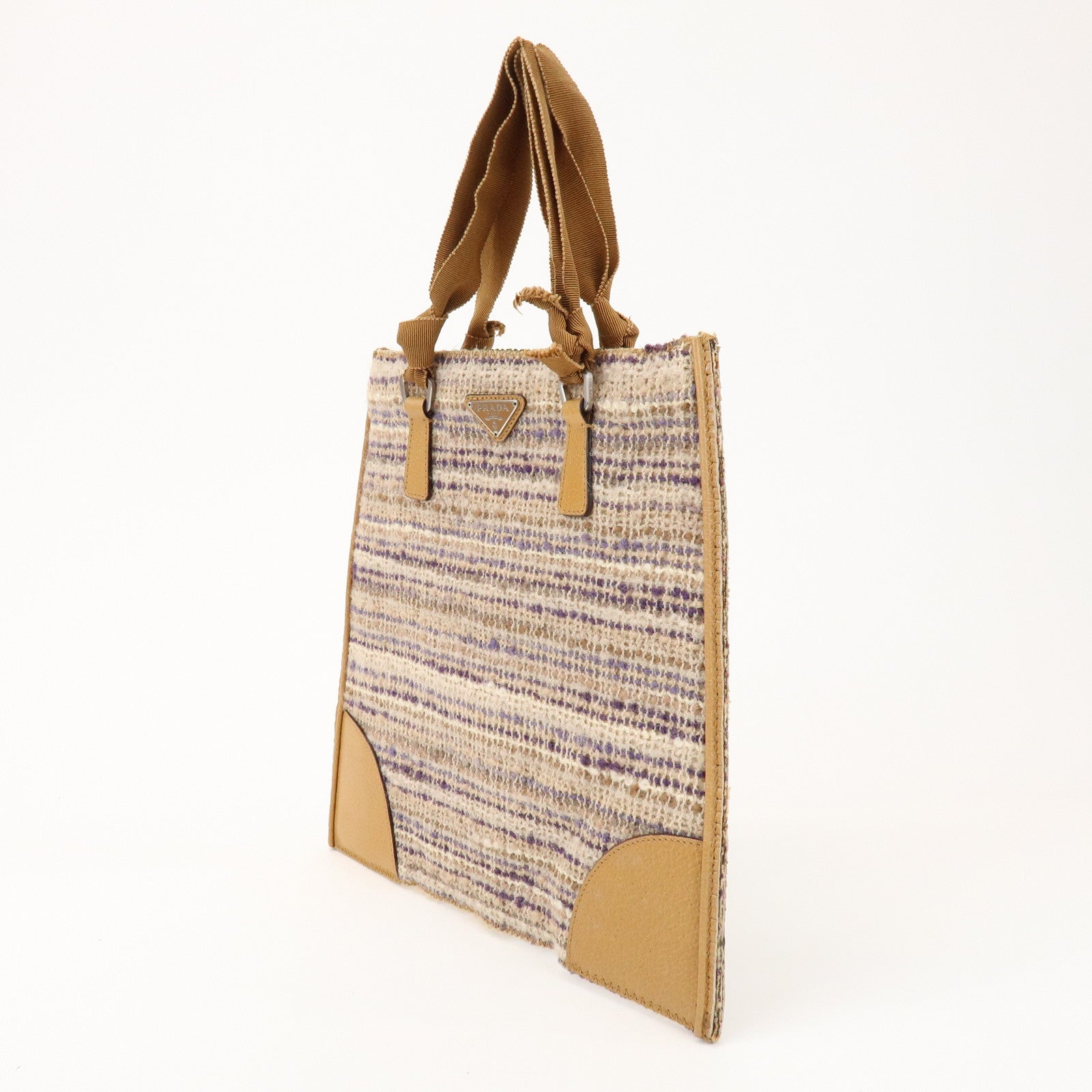 PRADA Triangle Logo Tweed Leather Hand Bag Light Brown Multicolor