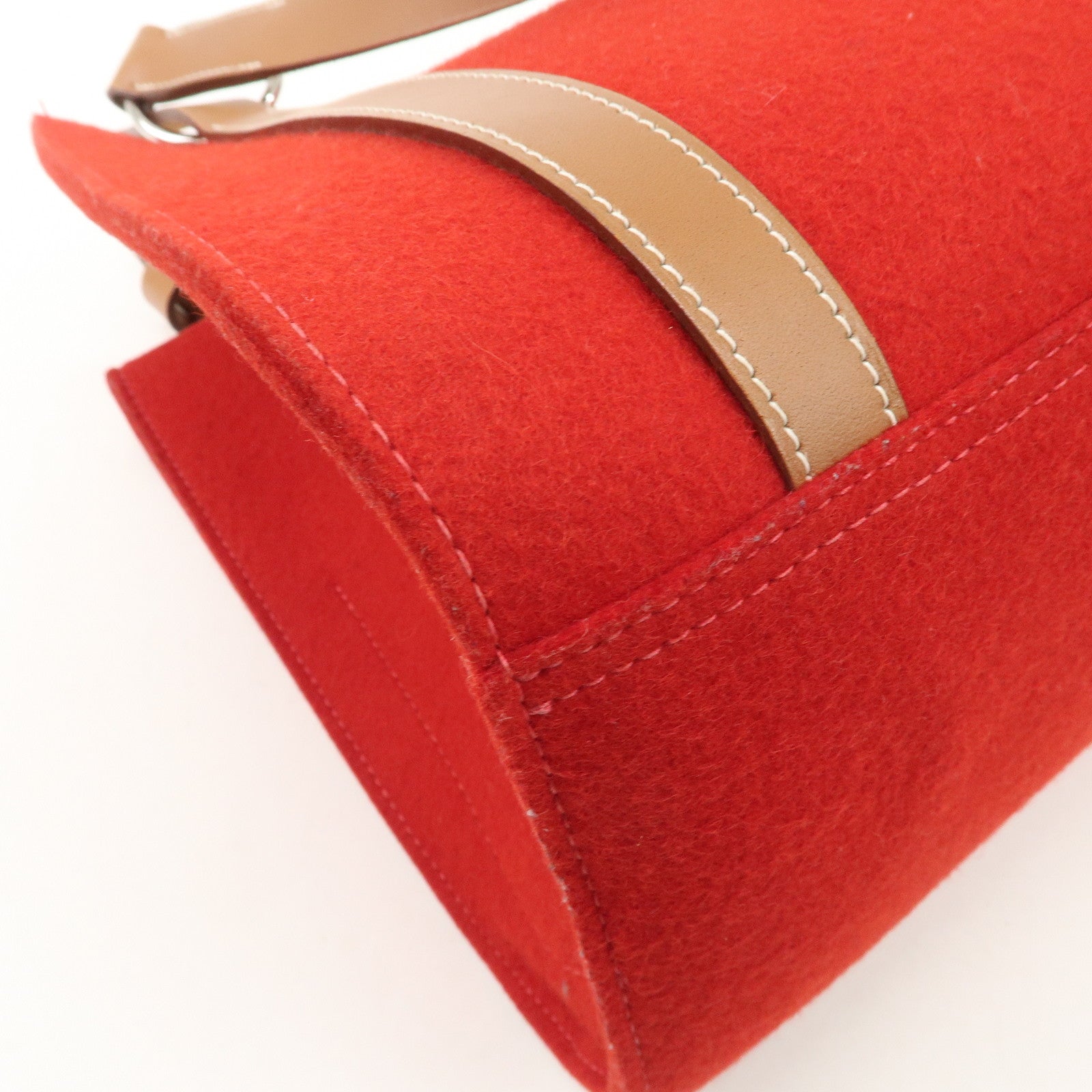 HERMES Leather Felt Cabalicol P Stamped Shoulder Bag Beige Red Used