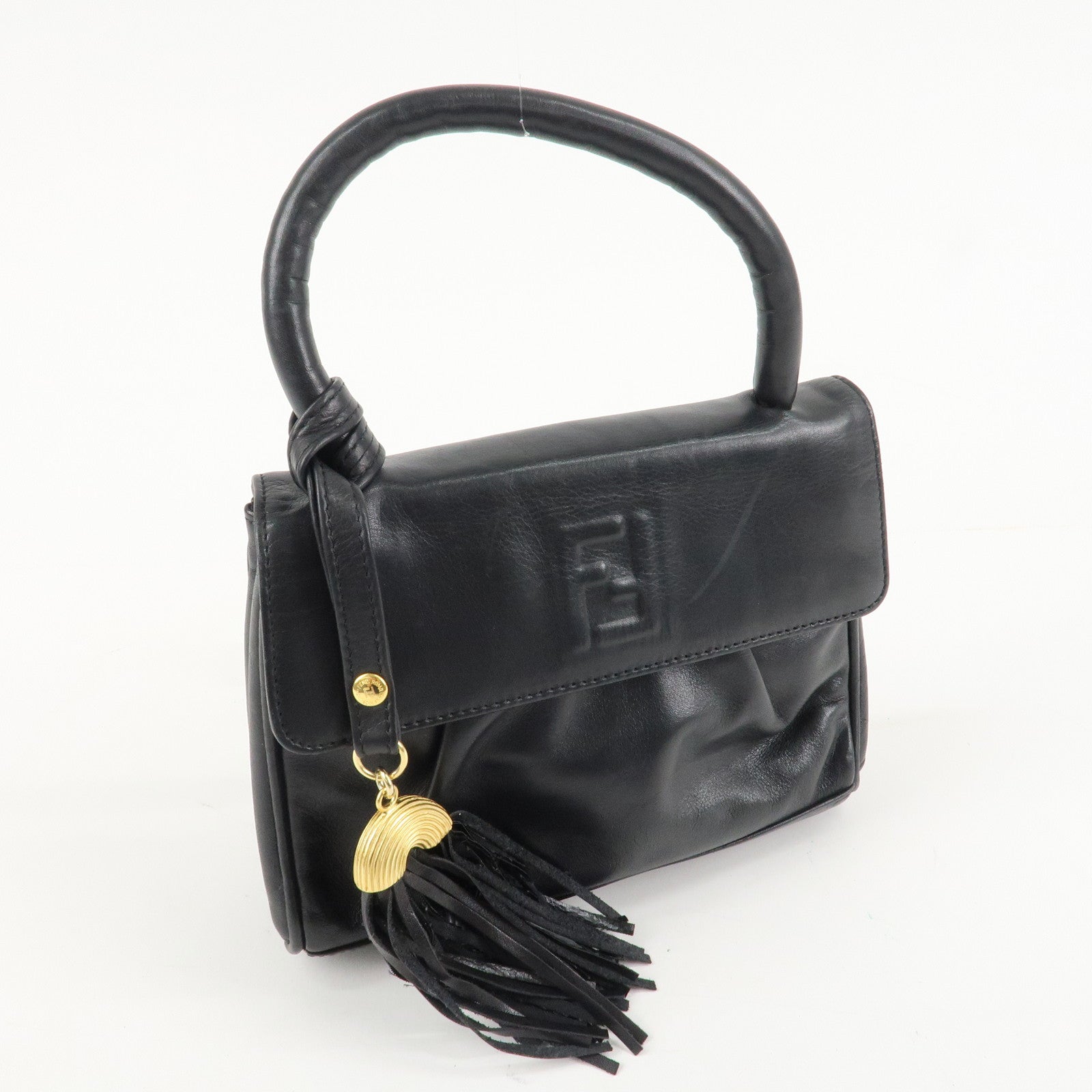 FENDI Leather Hand Bag Tassel Charm Gold Hardware Black Used