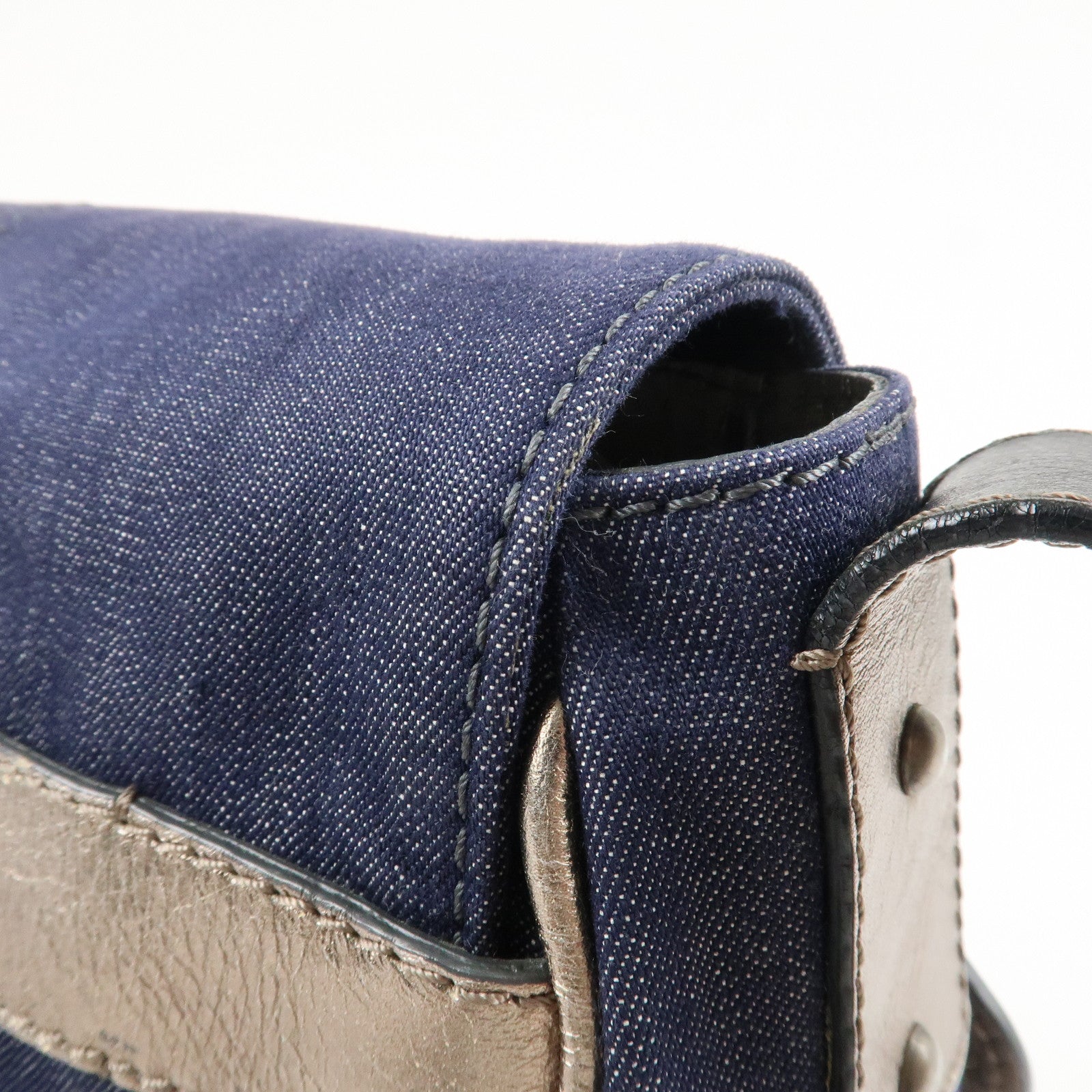 Chloe Denim Leather Shoulder Bag Crossbody Bag Indigo Blue Silver Used