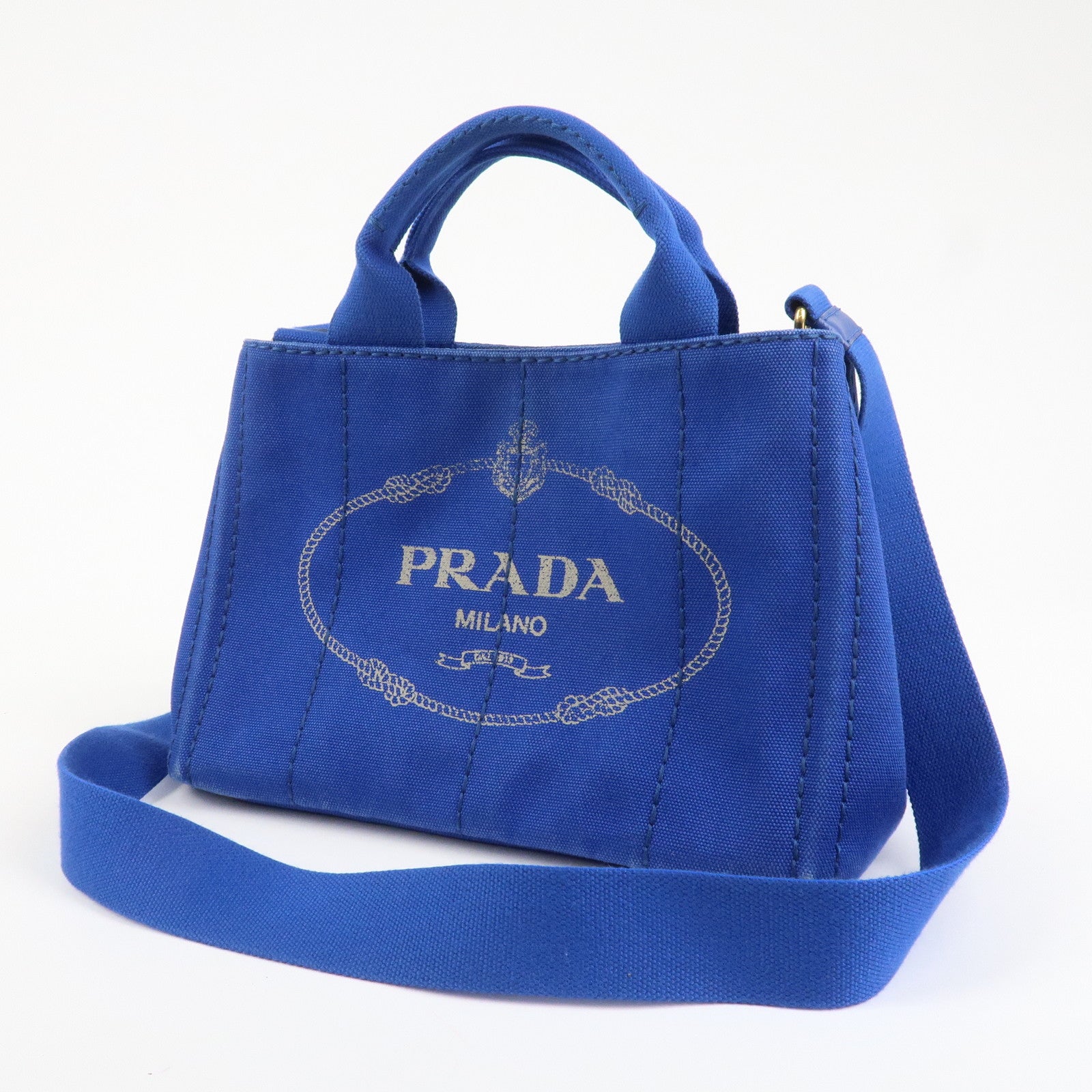 PRADA Logo Canapa Mini Canvas 2Way Tote Shoulder Bag Blue BN2439 Used