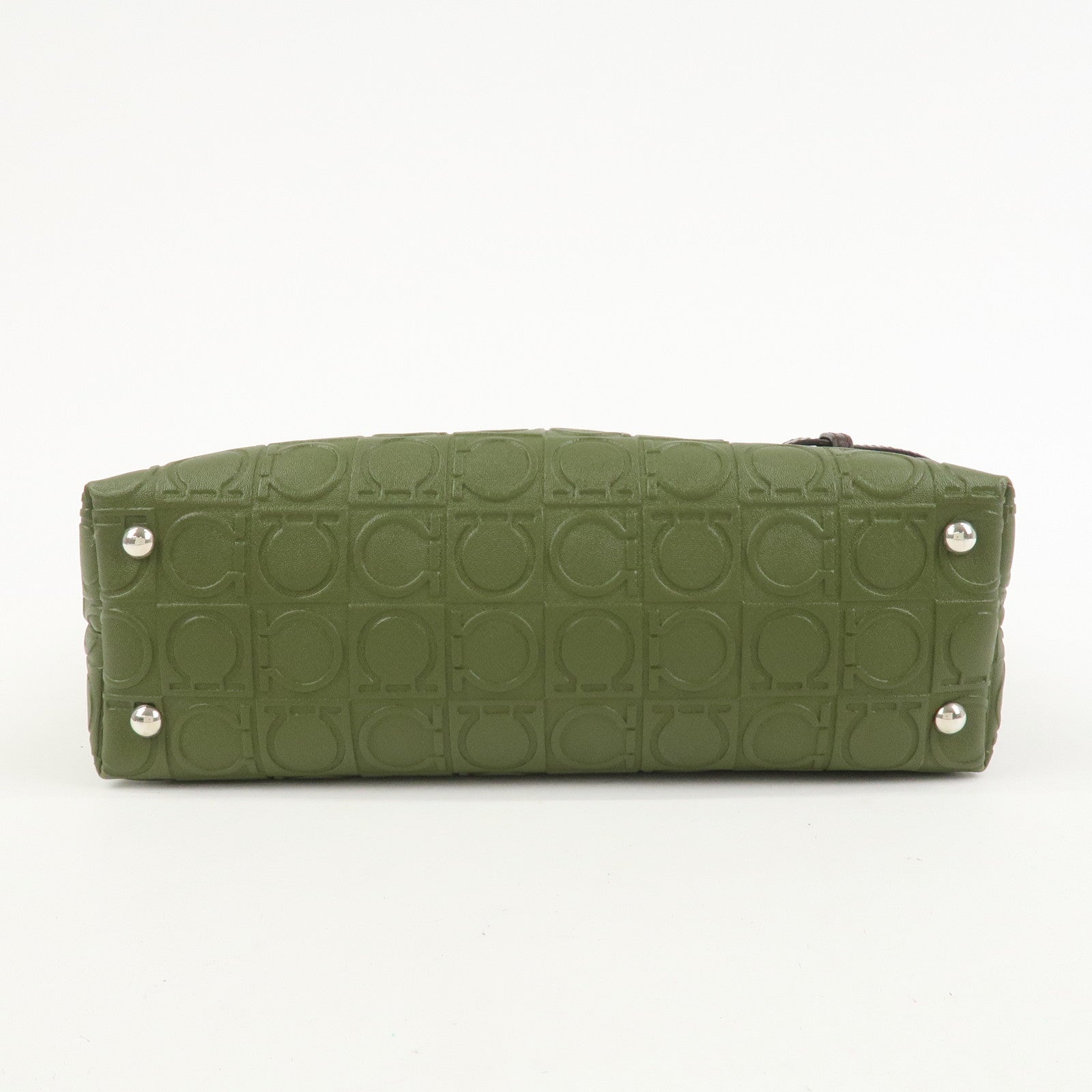 Ferragamo Gancini Embossed Leather 2Way Hand Shoulder Bag Green