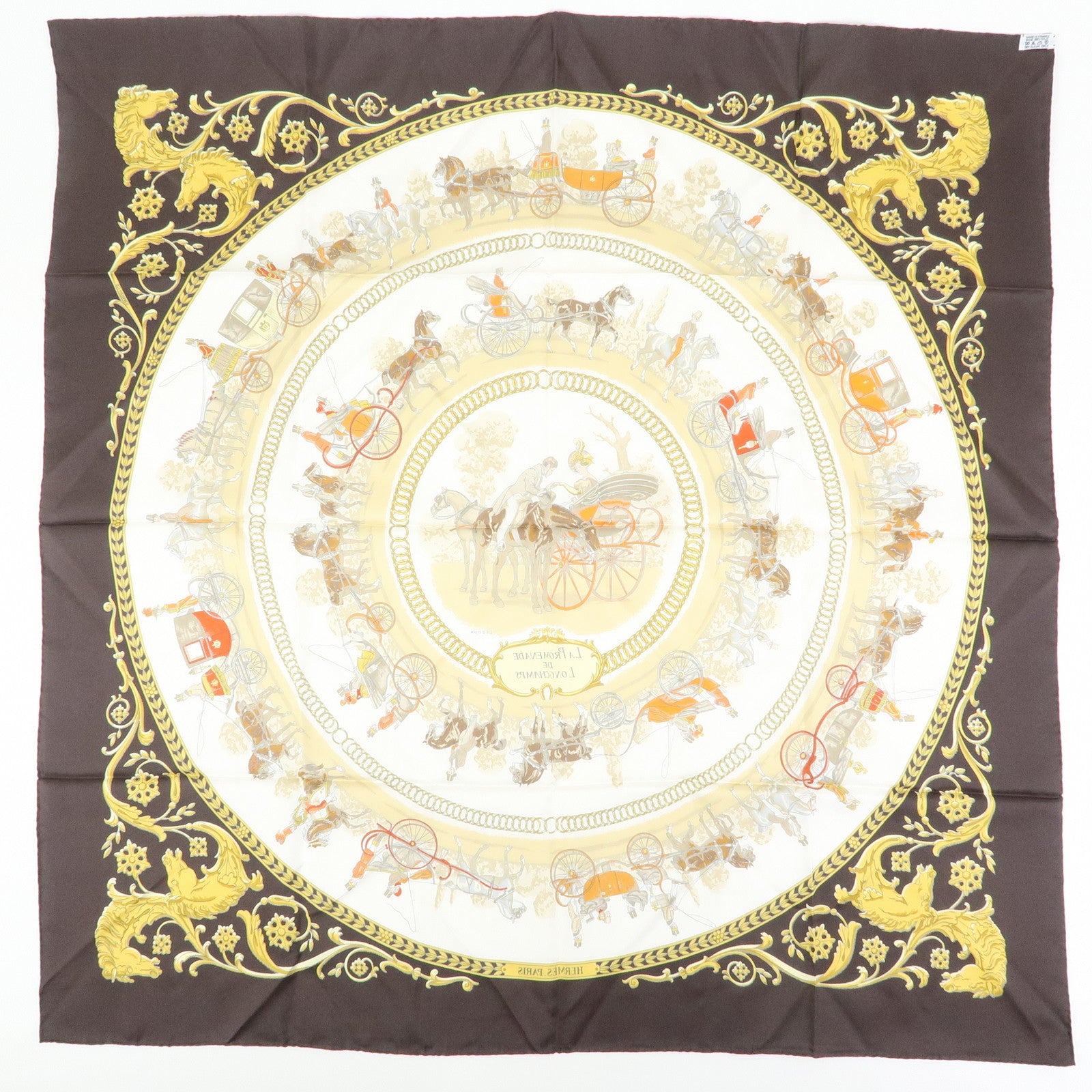 HERMES Carre 90 Silk 100% Scarf LA PROMENADE DE LONGCHAMPS Brown