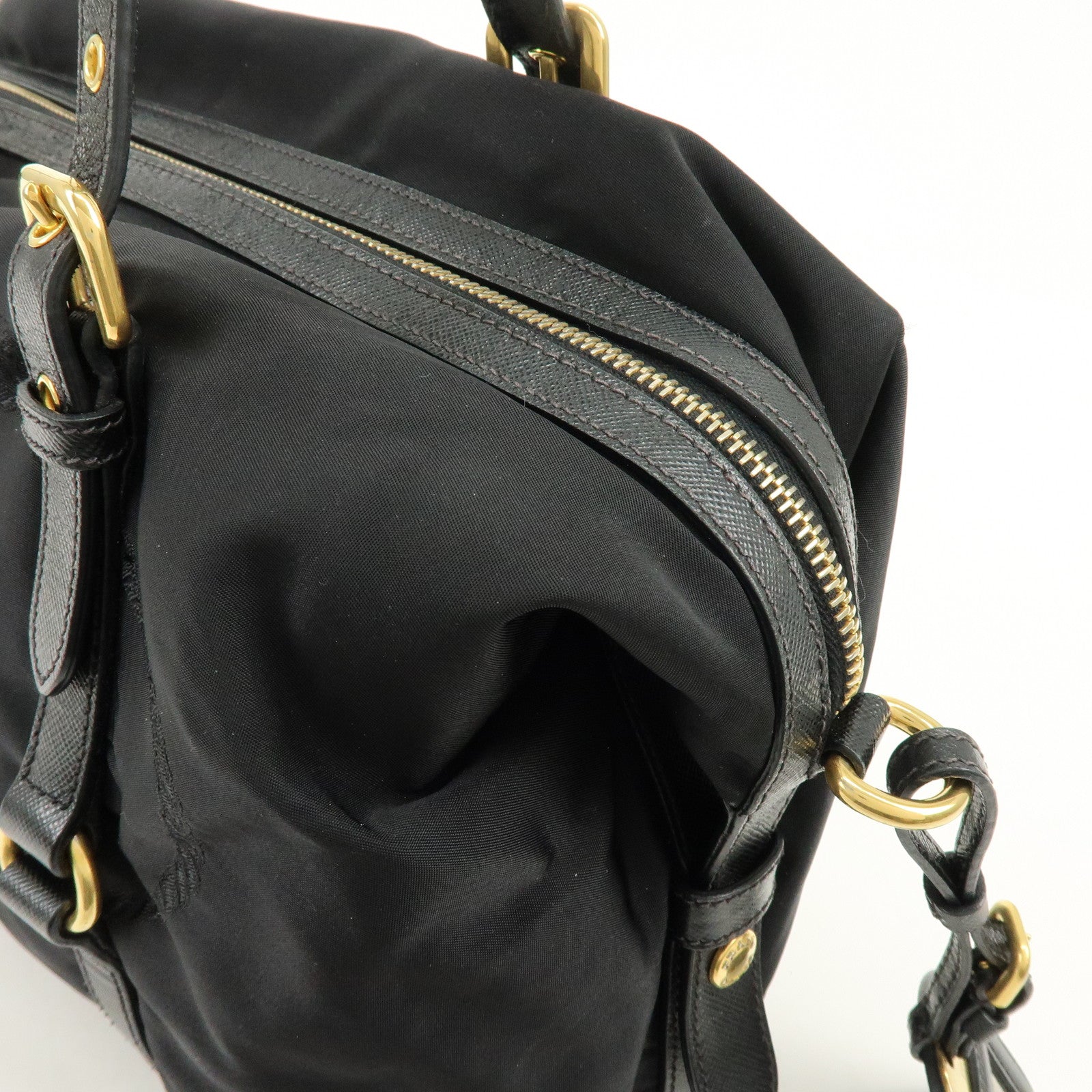 PRADA Logo Nylon Leather Boston Bag Shoulder Bag Black BL0600