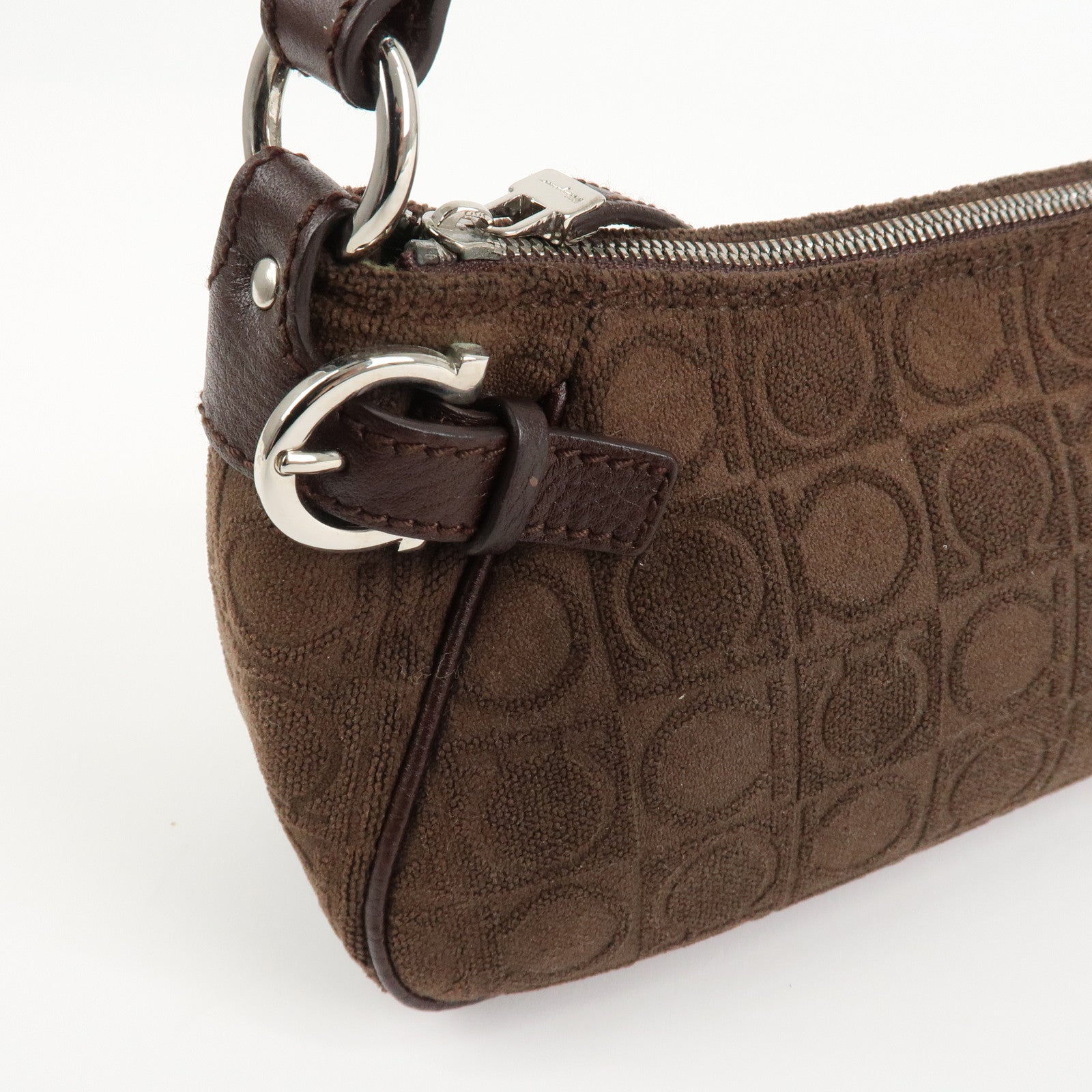 Ferragamo Gancini Leather Cotton Accessory Pouch Hand Bag Brown