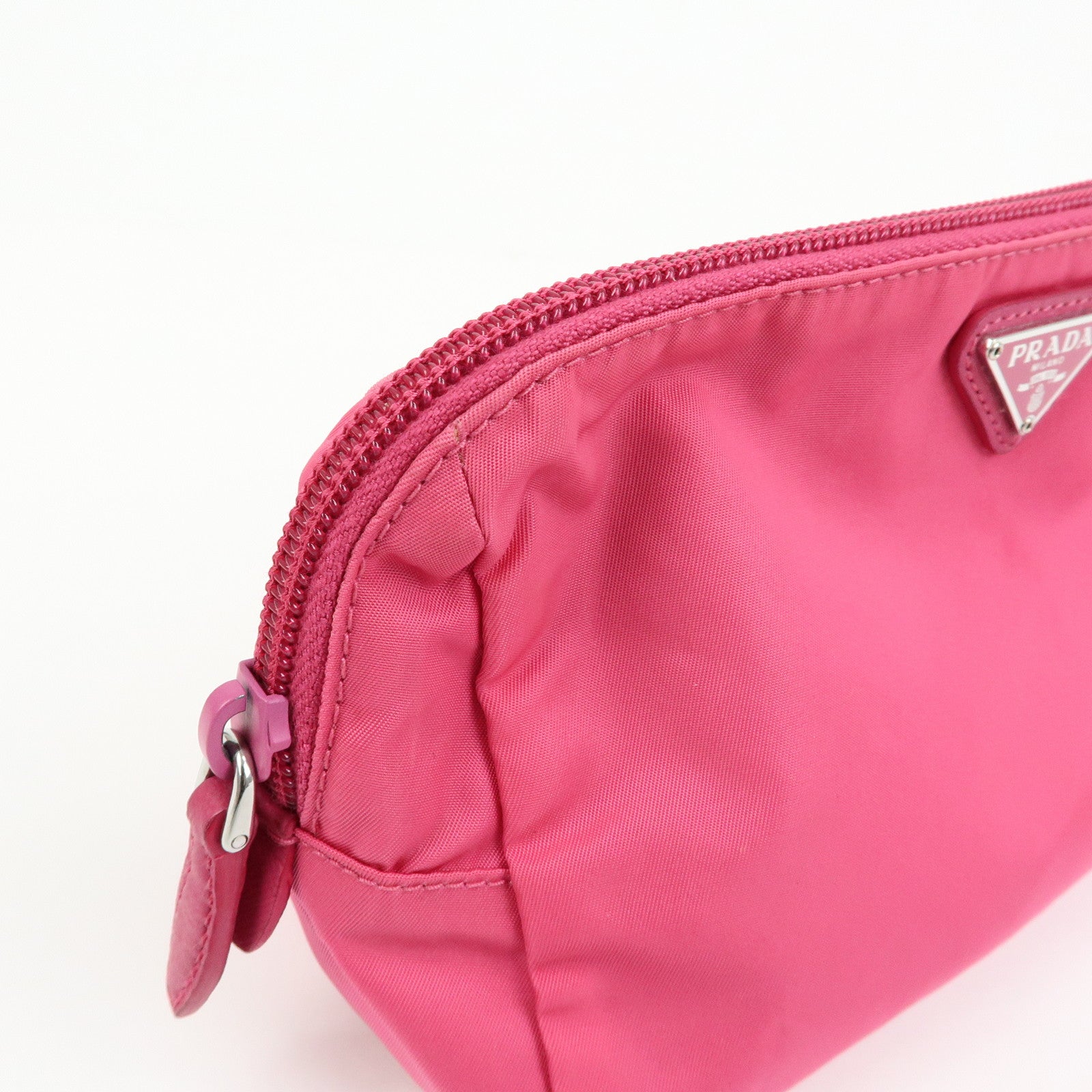 PRADA Triangle Logo Nylon Leather Cosmetic Wristlet Pouch Pink