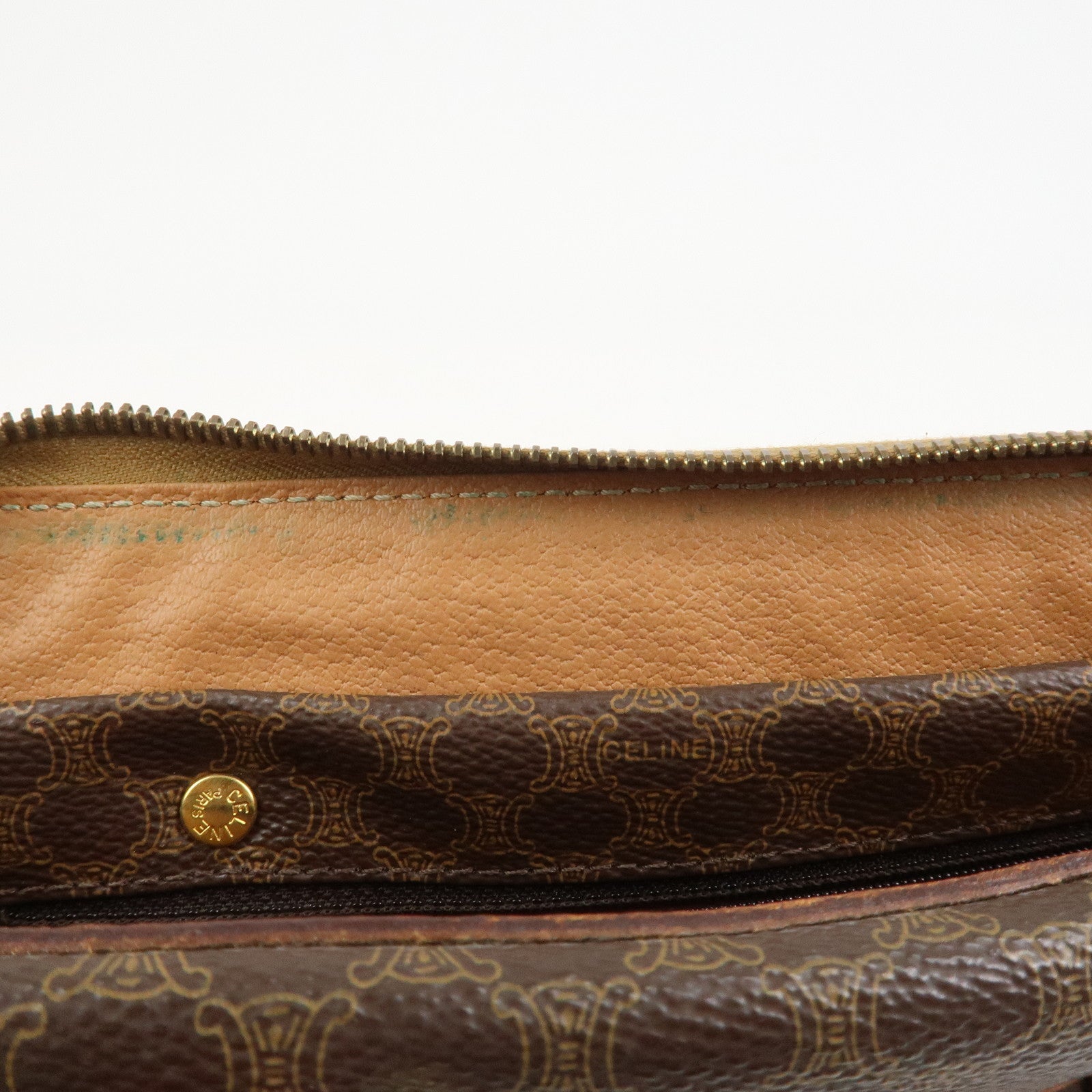 CELINE Macadam PVC Coating Canvas Leather Boston Bag Brown