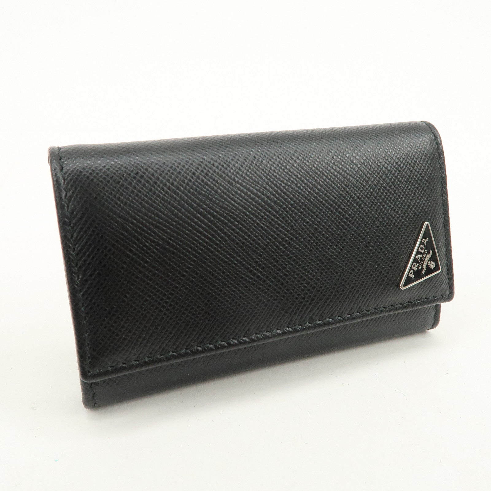 PRADA Triangle Logo Saffiano Leather 6 Rings Key Case Black 2PG222