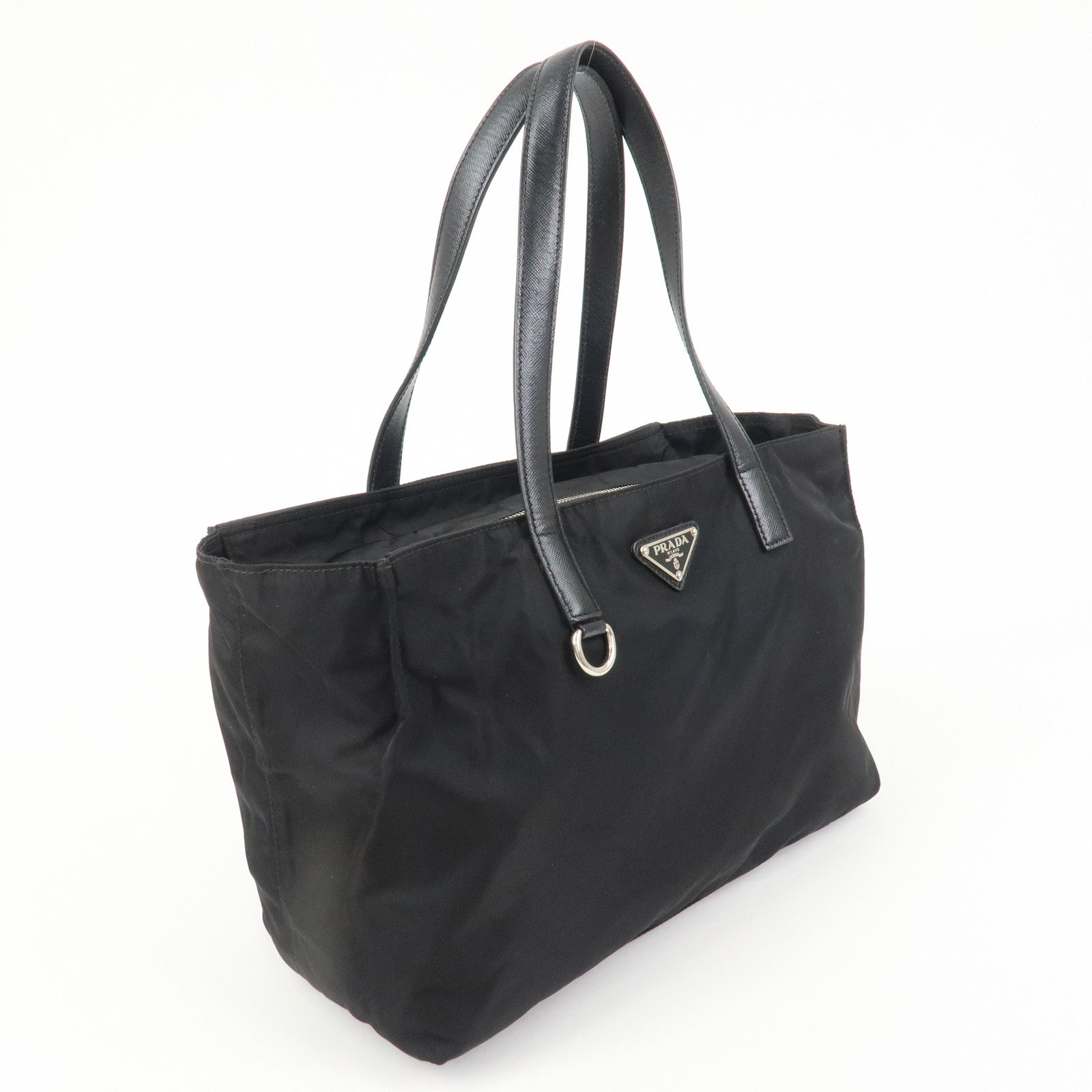 PRADA Triangle Logo Nylon Saffiano Leather Tote Shoulder Bag Black