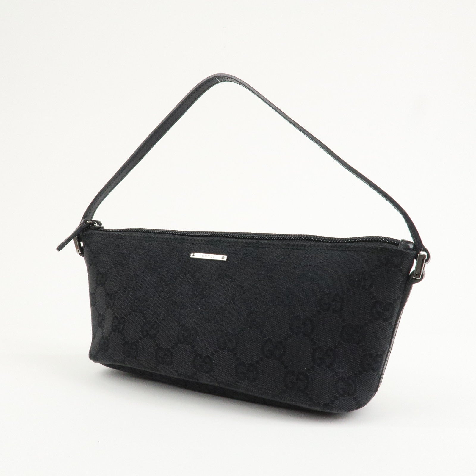 GUCCI Boat Bag GG Canvas Leather Hand Bag Black 07198