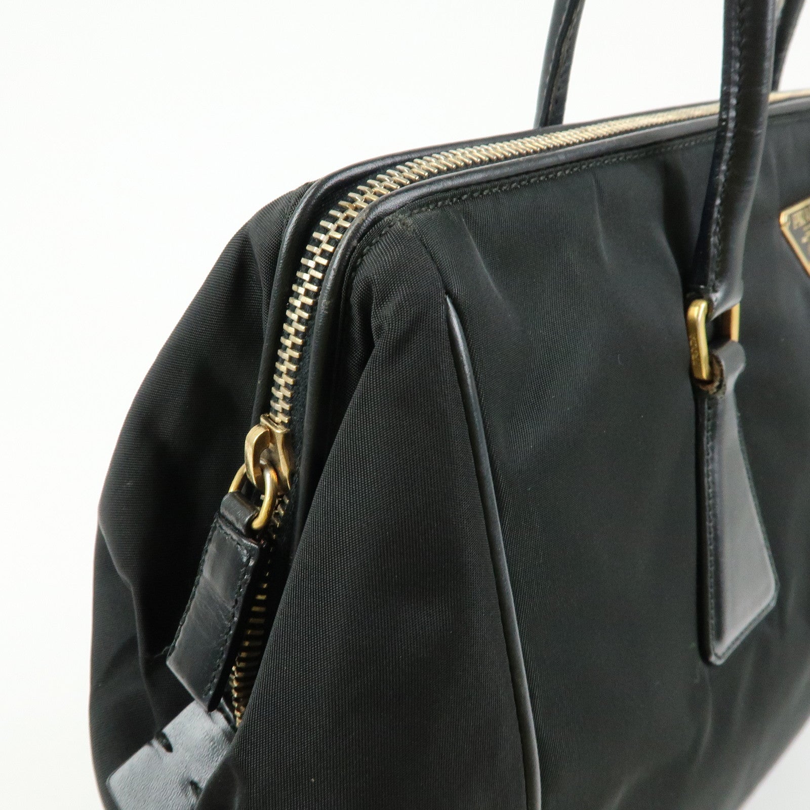 PRADA Triangle Logo Nylon Leather Hand Bag Tote Shoulder Bag Black