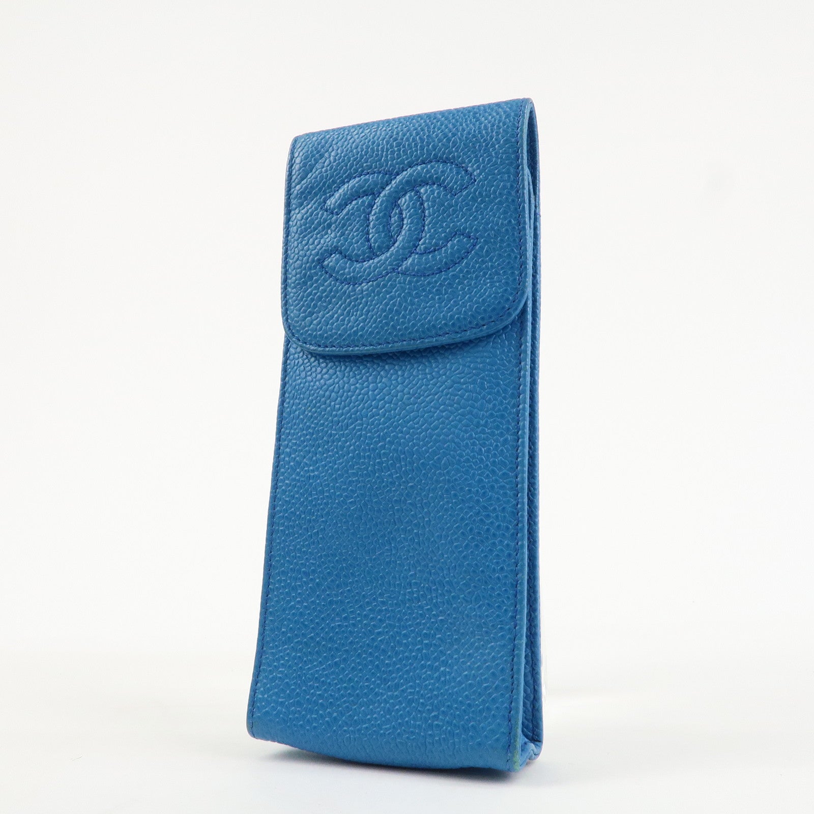 CHANEL COCO Mark Caviarskin Pen Case Glasses Case Blue Used