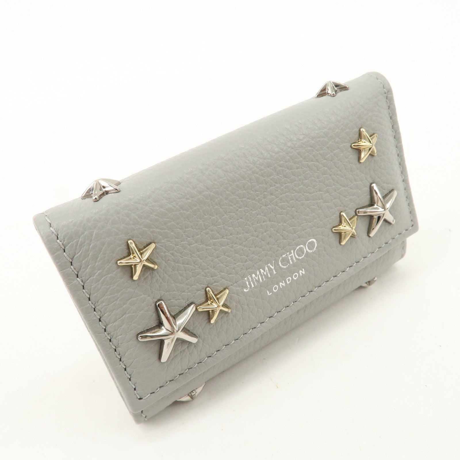 JIMMY CHOO Neptune Leather Studs Key Case Gray Silver Gold 101953 Used