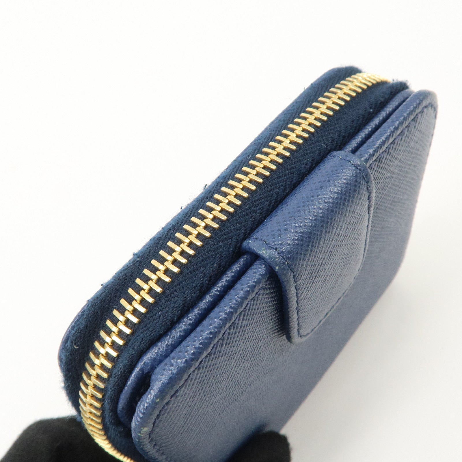 PRADA Logo Leather Round Zippy Bi-fold Wallet Blue 1ML522 Used