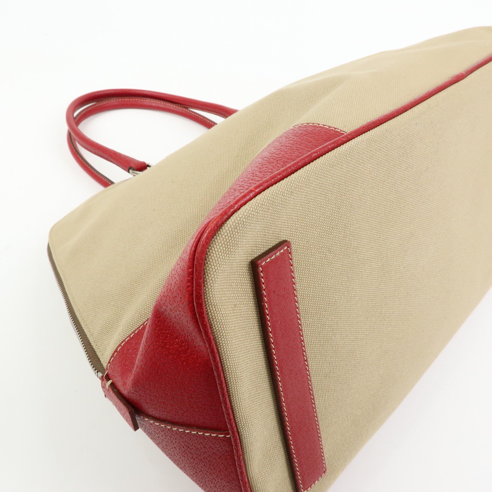PRADA Triangle Logo Canvas Leather Hand Bag Beige Red
