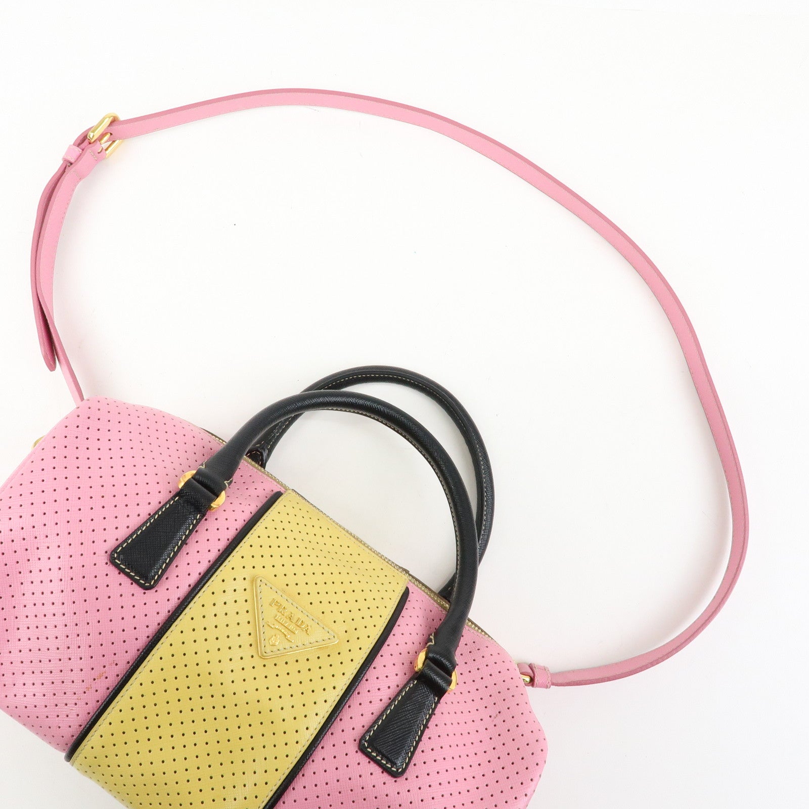 PRADA Triangle Logo Saffiano Punching Leather 2 Way Hand Bag BL0655