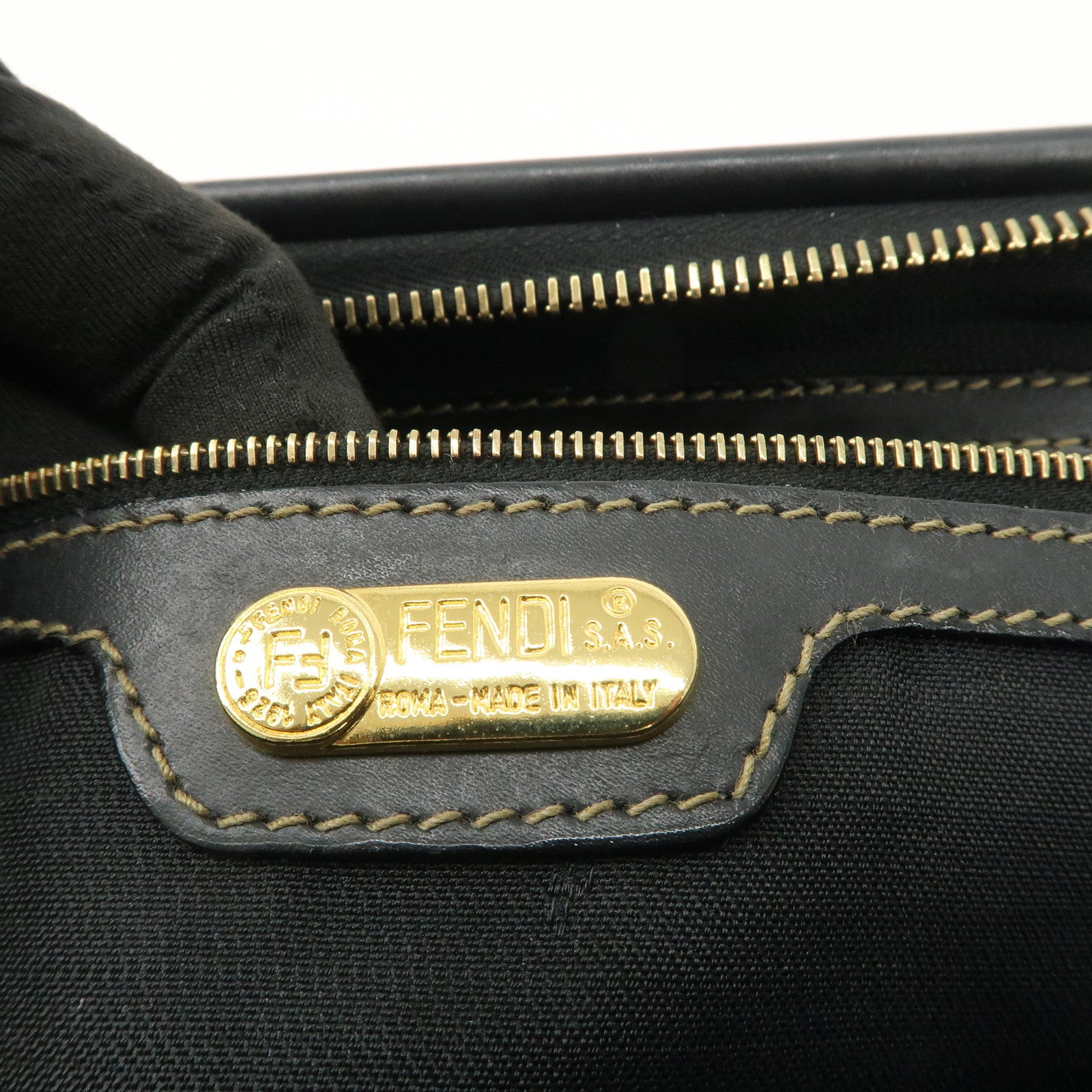 FENDI Pequin PVC Canvas Hand Bag Boston Bag Black Brown Used