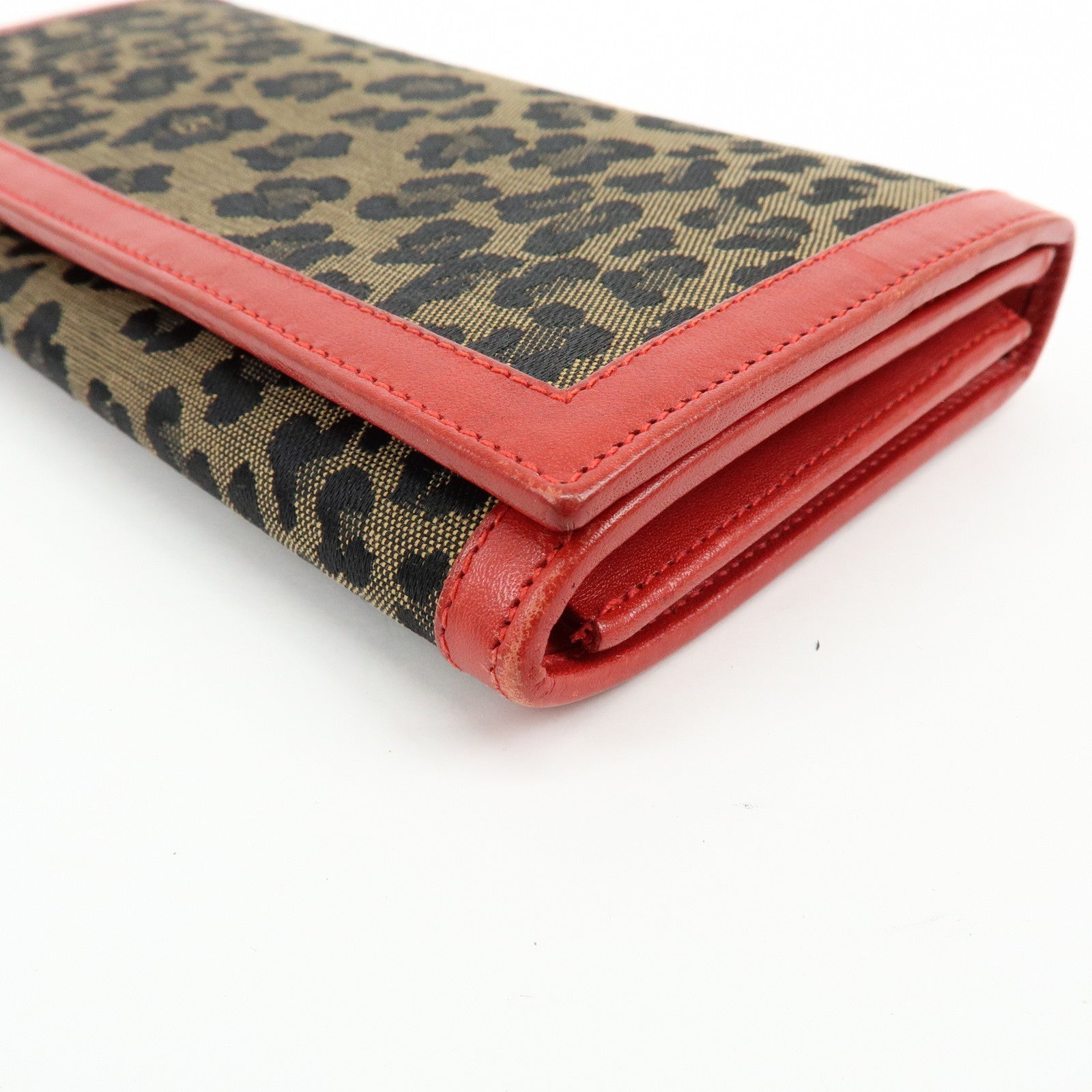 FENDI Zucca Canvas Leather Long Wallet Leopard Brown Red 30851
