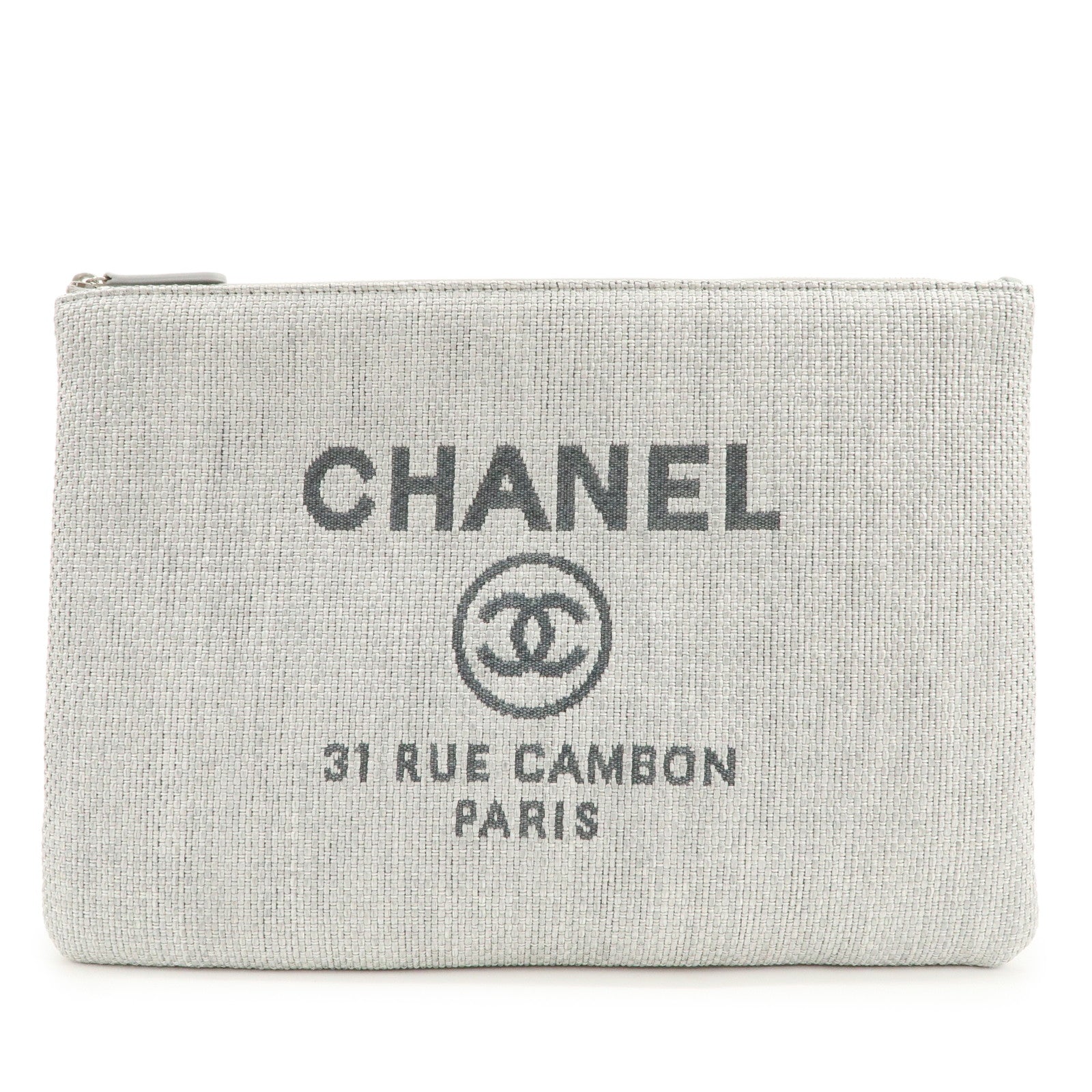 CHANEL Deauville Straw Clutch Bag Pouch Light Gray A80117