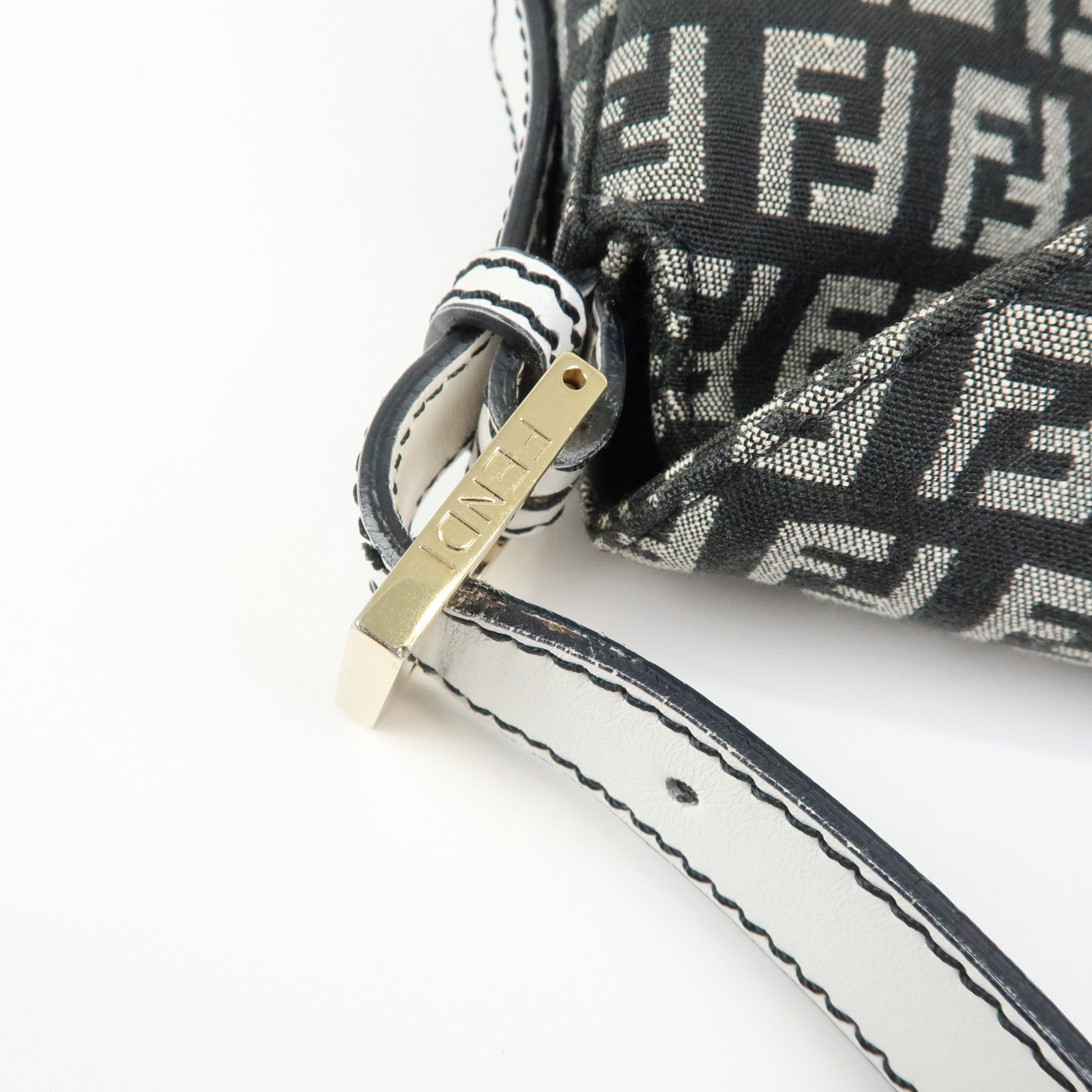 FENDI Zucchino Canvas Leather Shoulder Hand Bag Black White 8BR003