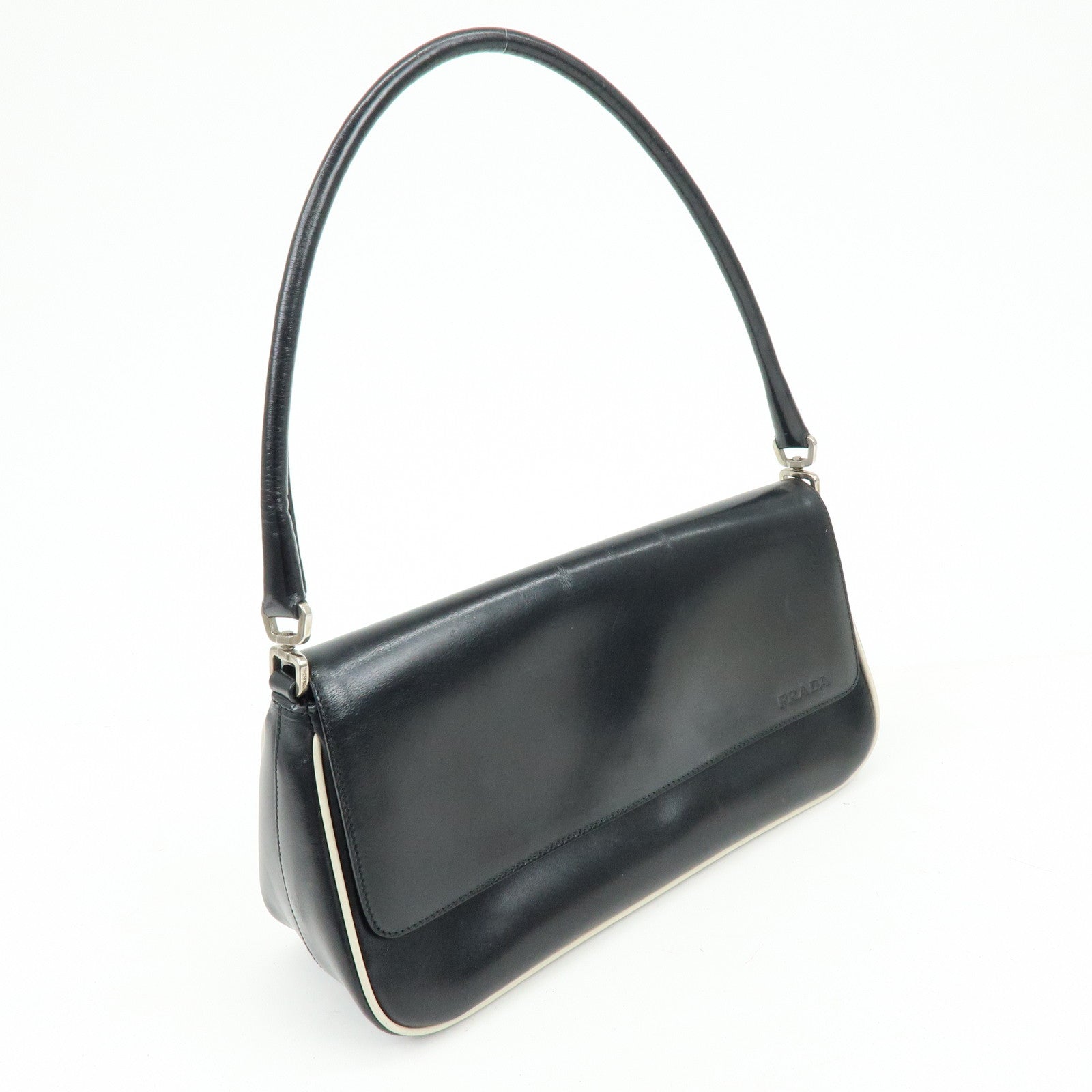 PRADA Logo Leather Shoulder Bag Hand Bag Black White