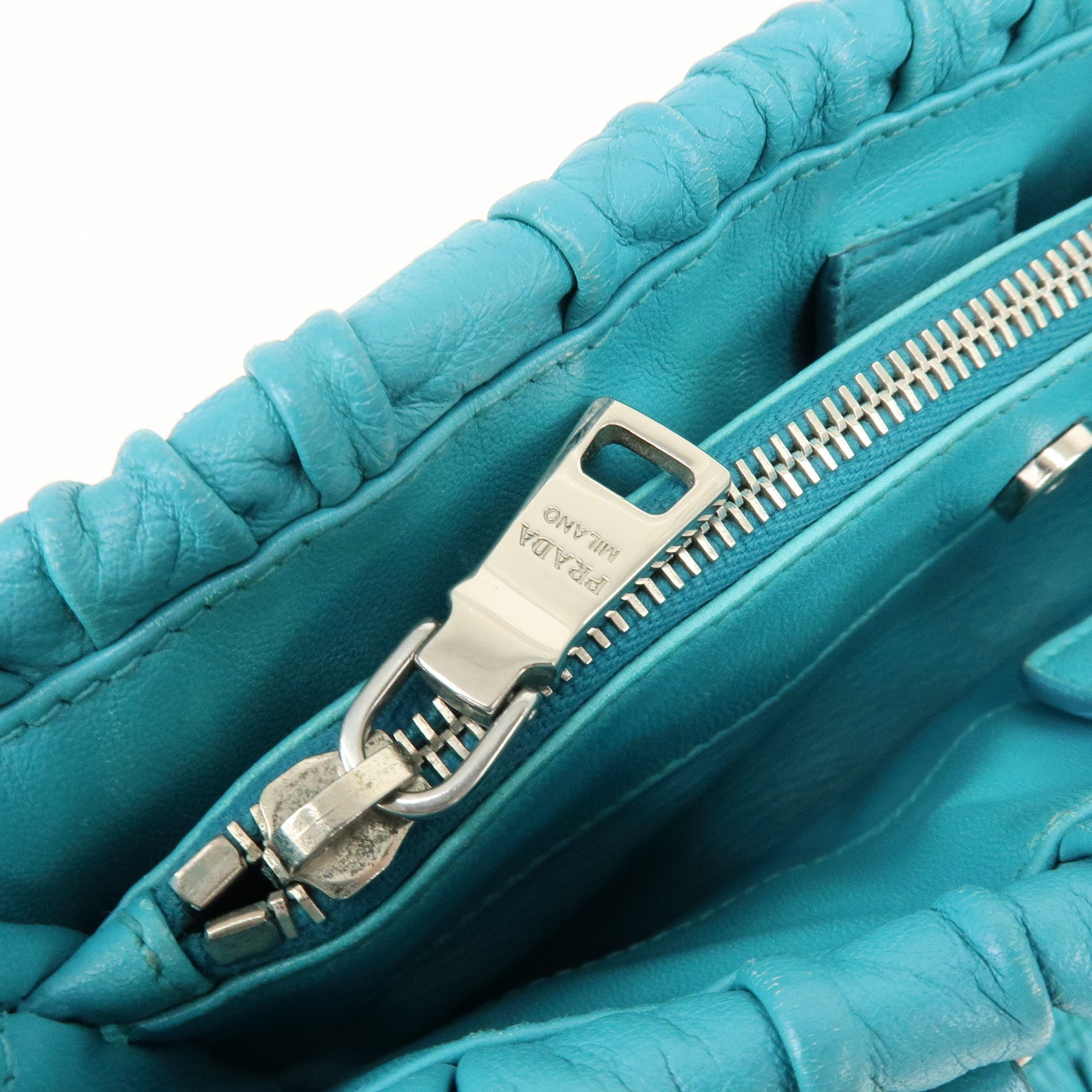 PRADA Leather 2Way Bag Hand Bag Shoulder Bag Turquoise Blue