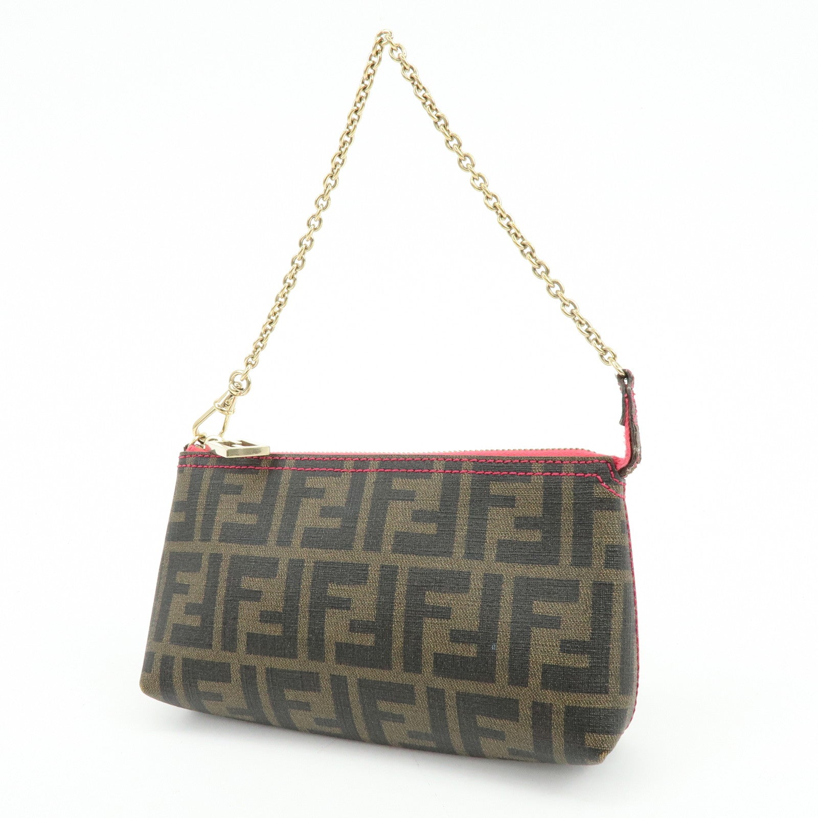 FENDI Zucca Print PVC Chain Accessory Pouch Hand Bag Pink 8BR592