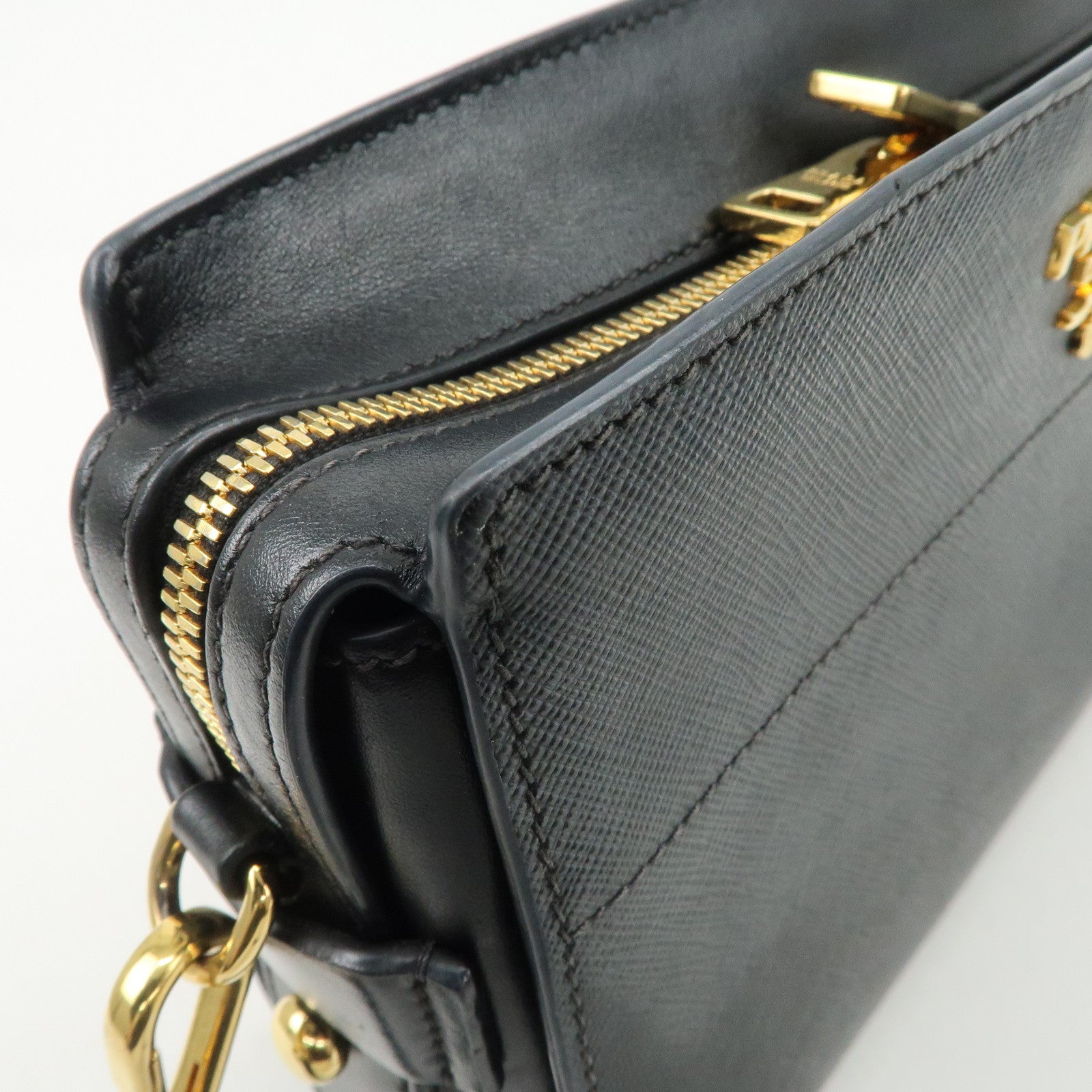 PRADA Logo Saffiano Leather Shoulder Bag Gold HDW Black