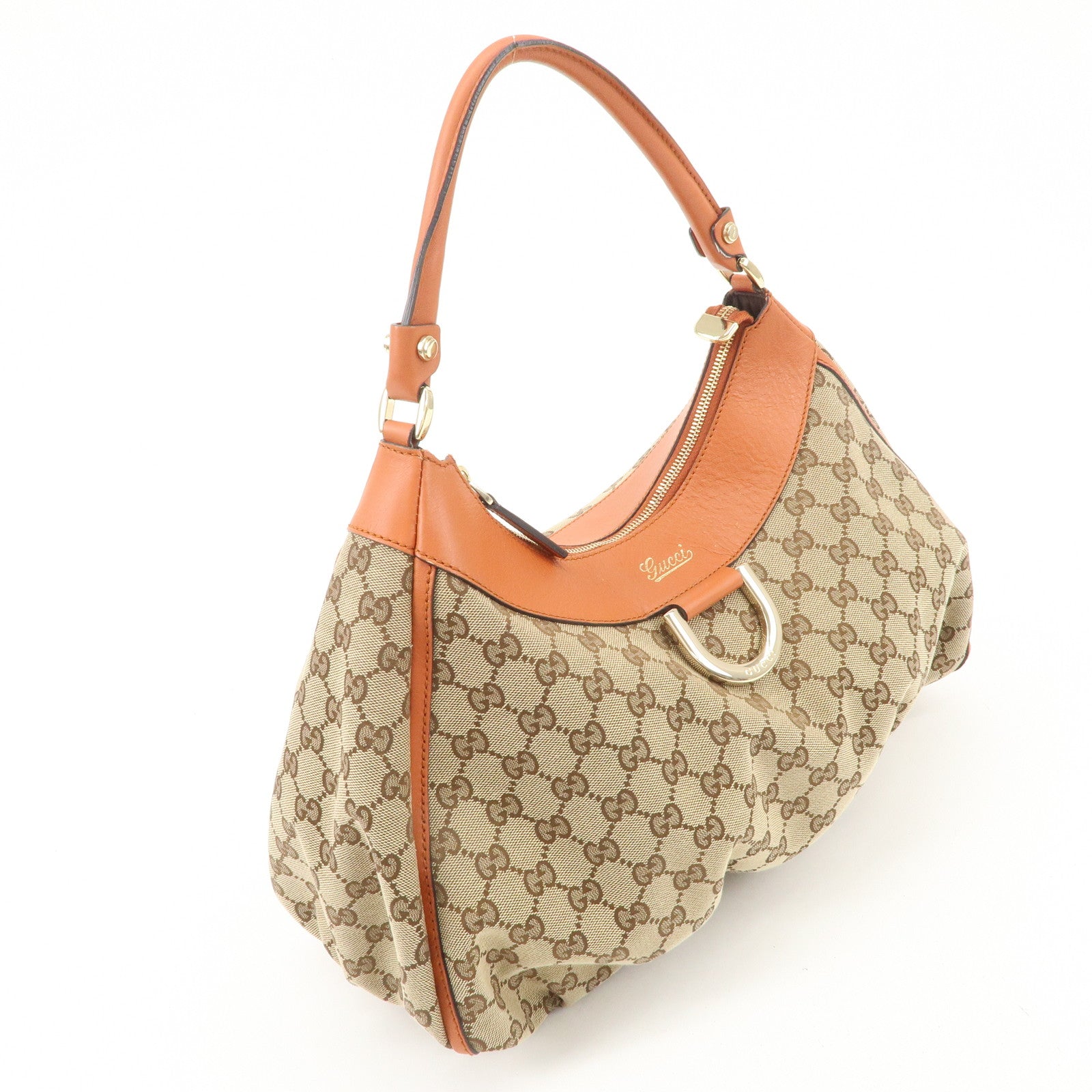 GUCCI Abbey Leather GG Canvas Shoulder Hand Bag Beige Orange 139260 Used