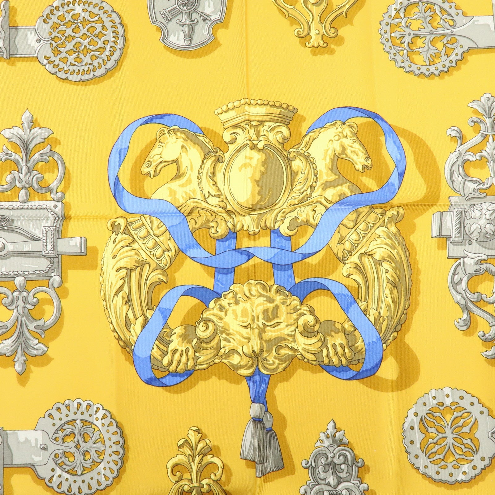 HERMES Carre 90 Silk 100% Scarf Ferronnerie Gray Gold