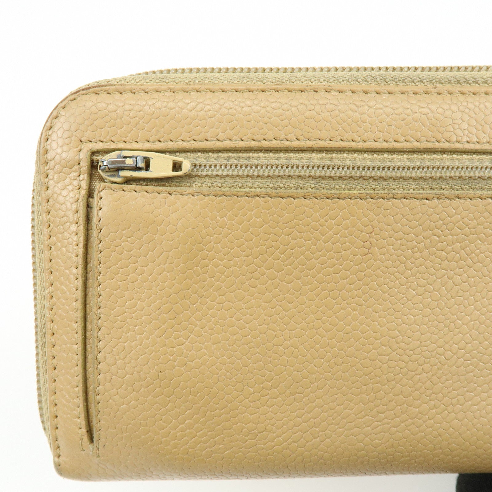 CHANEL Caviarskin Round Zippy Wallet Long Wallet Beige A13228