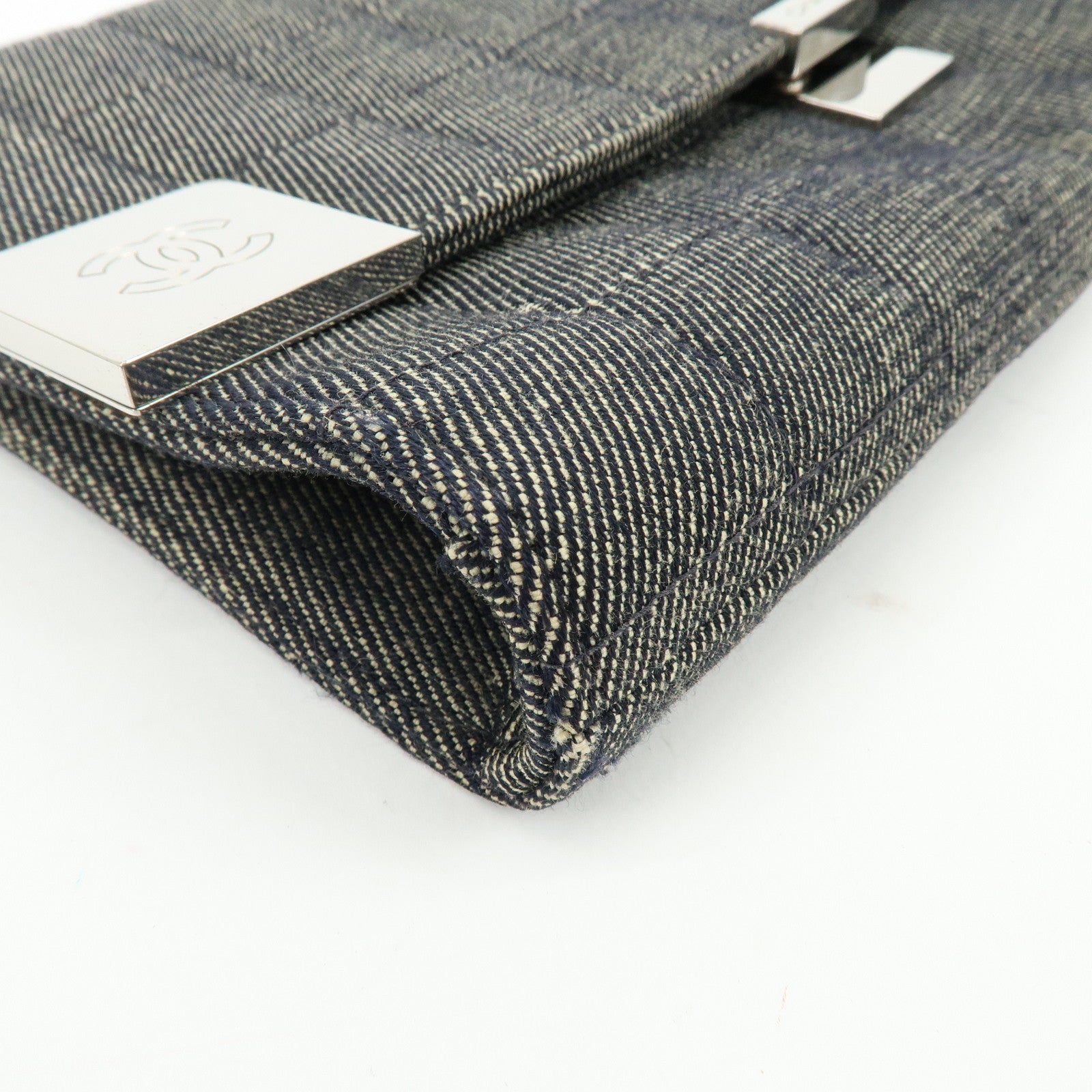 CHANEL Chocolate Bar COCO Mark Denim Clutch Bag Black