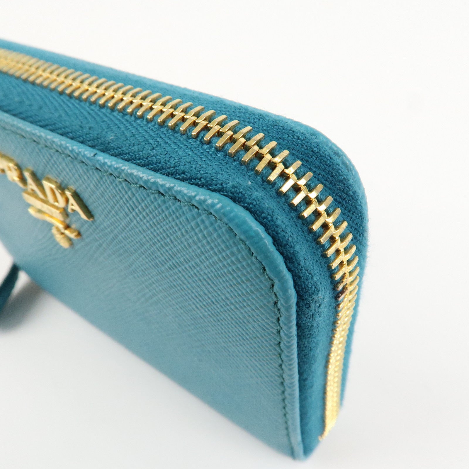 PRADA Logo Saffiano Leather Round Zippy Small Wallet Blue 1MM268 Used