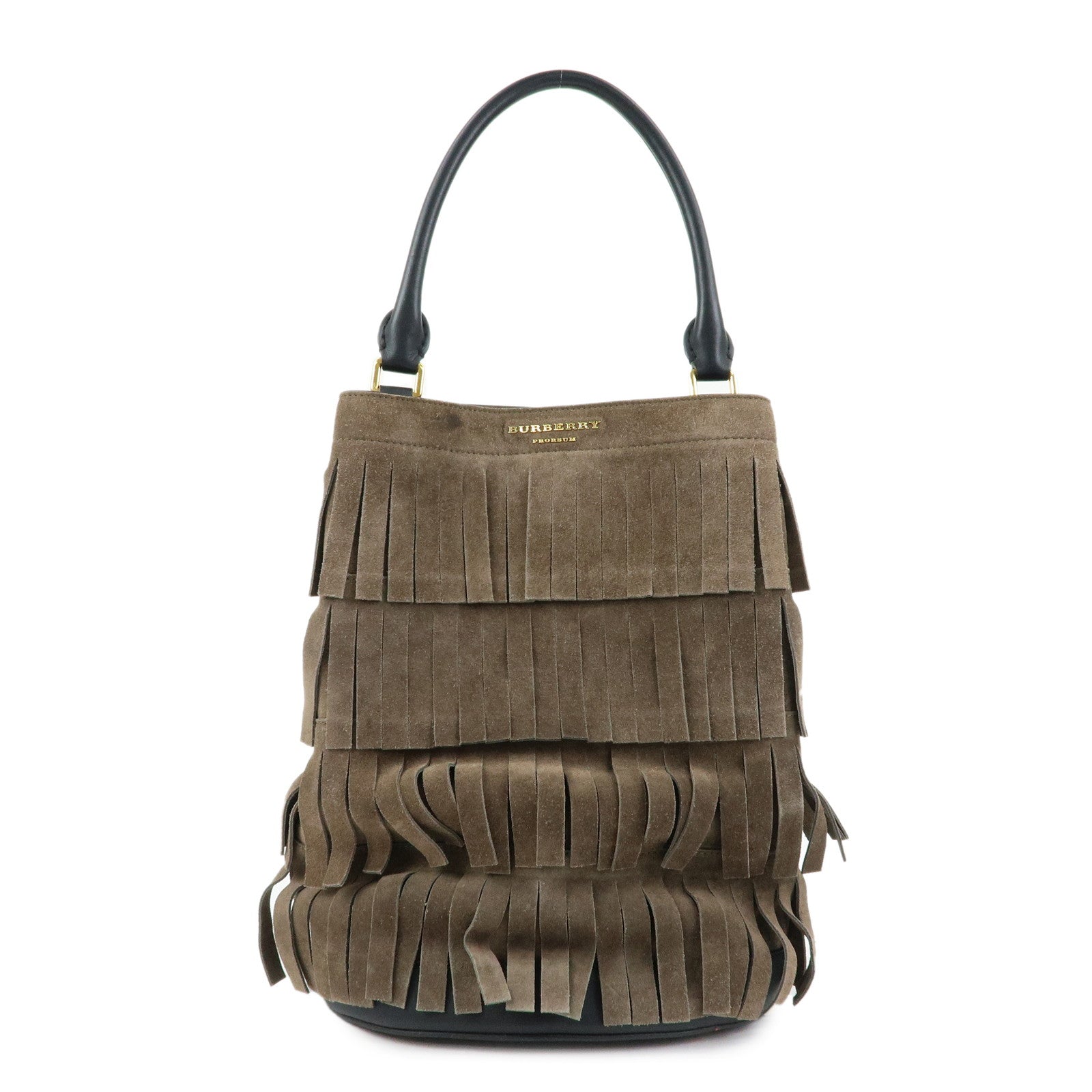 BURBERRY PROSUM Fringe Suede Leather Tote Bag Hand Bag Brown Black