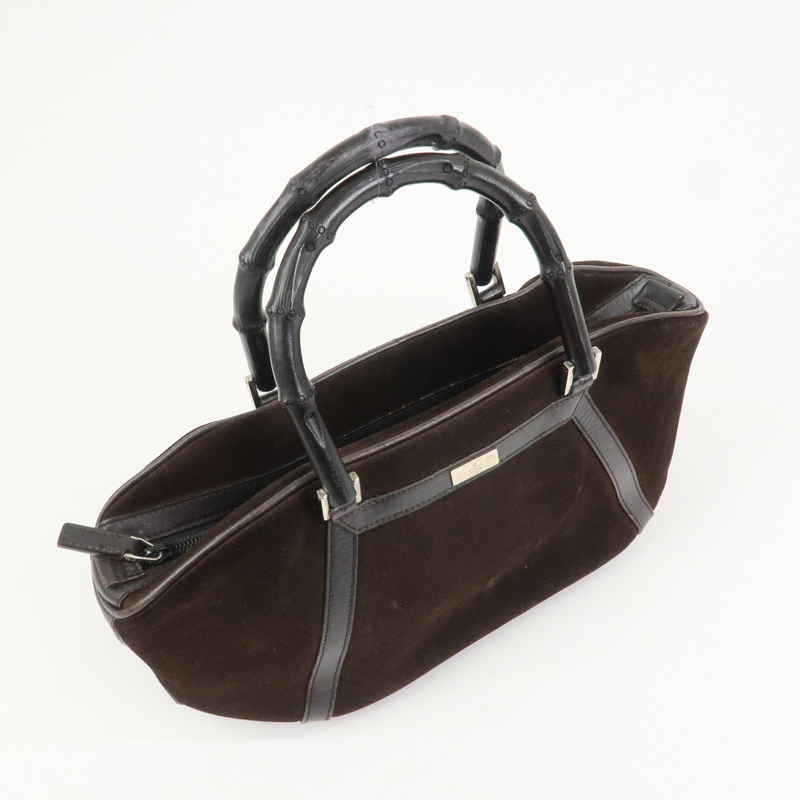 GUCCI Bamboo Suede Leather Hand Bag Dark Brown 002.1084