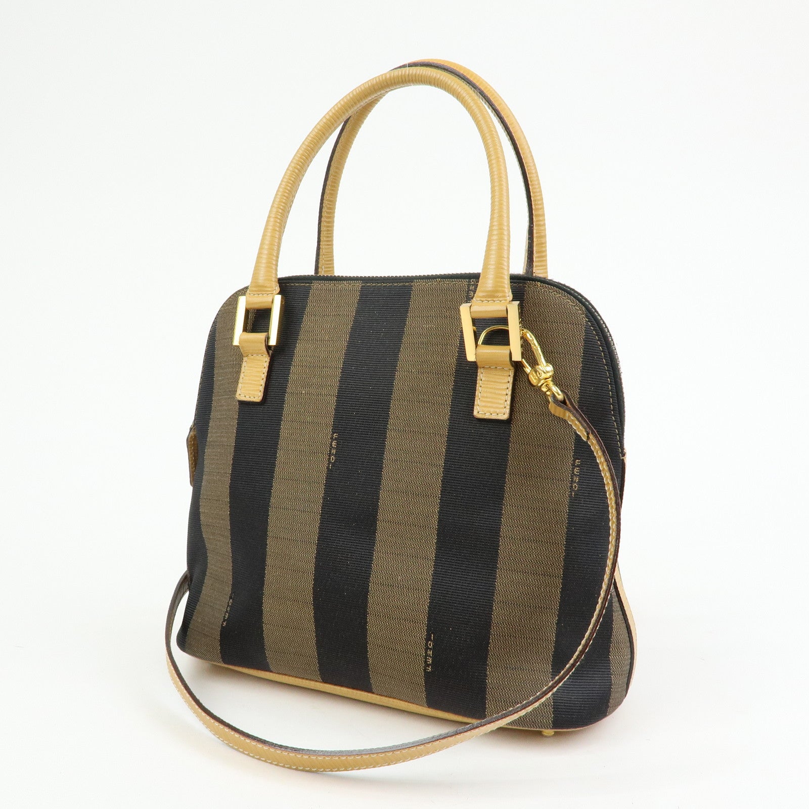 FENDI Pequin Canvas Leather 2Way Bag Hand Bag Shoulder Bag Brown