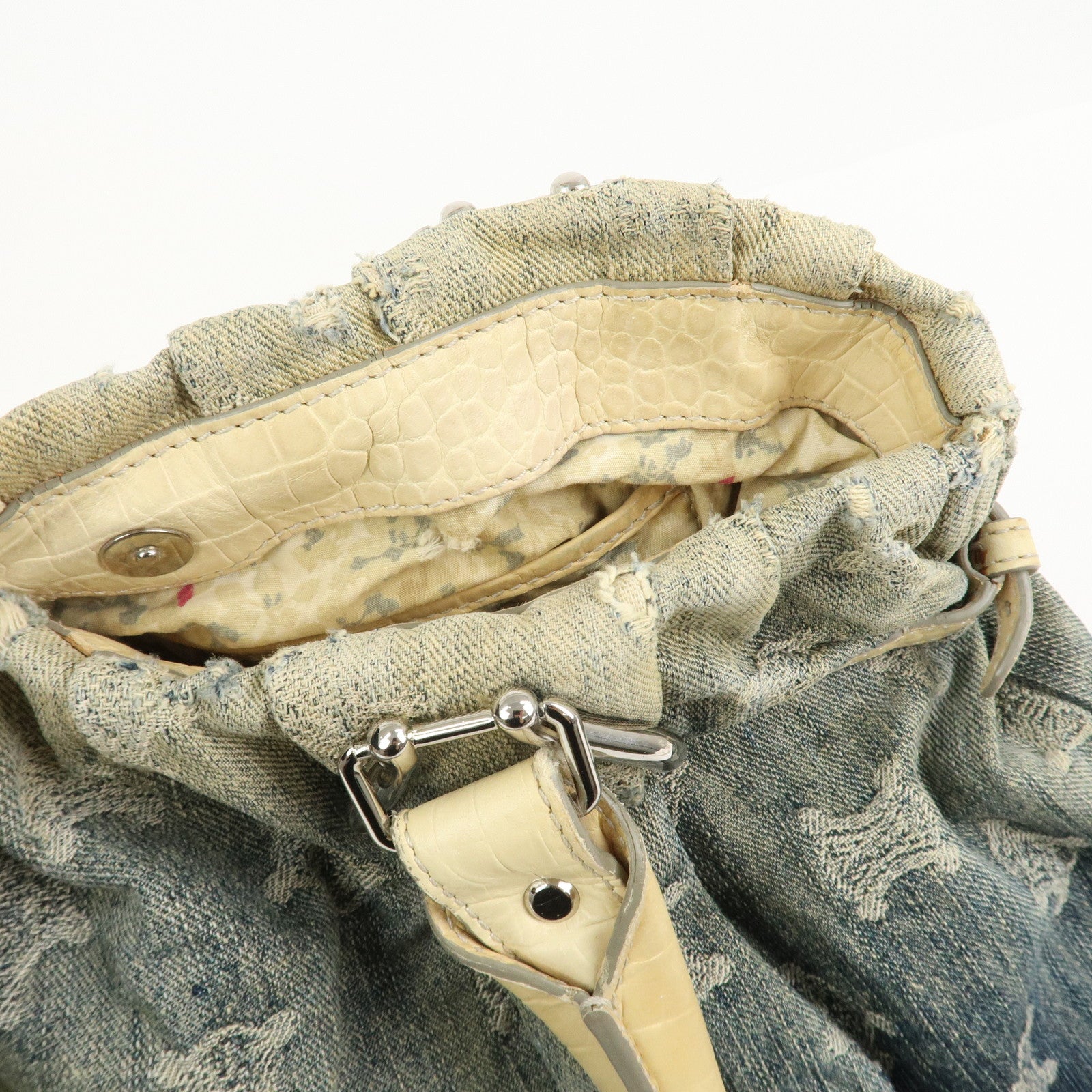 CELINE Macadam Denim Emboss Leather Tote Bag Hand Bag Blue Ivory