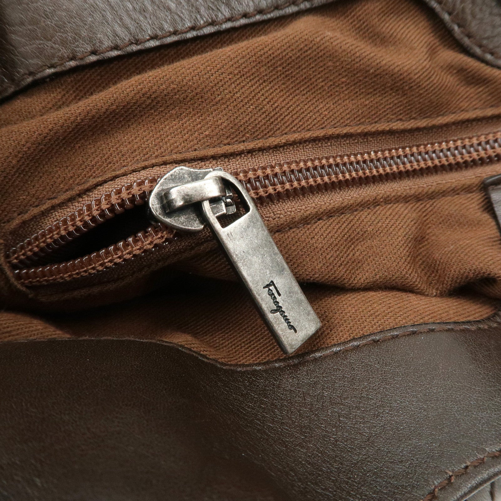 Ferragamo Gancini Unborn Calf Leather Hand Bag Dark Brown Used