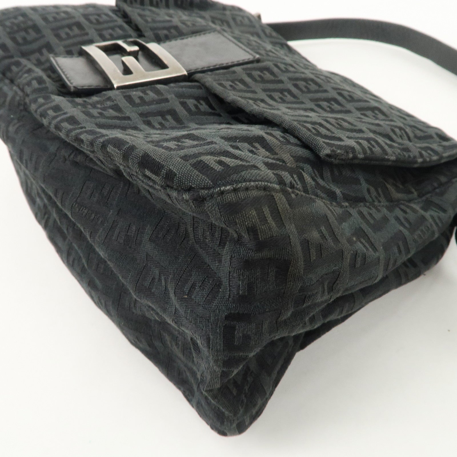 FENDI Mamma Baguette Zucchino Leather Canvas Shoulder Bag Black 8BR001 Used