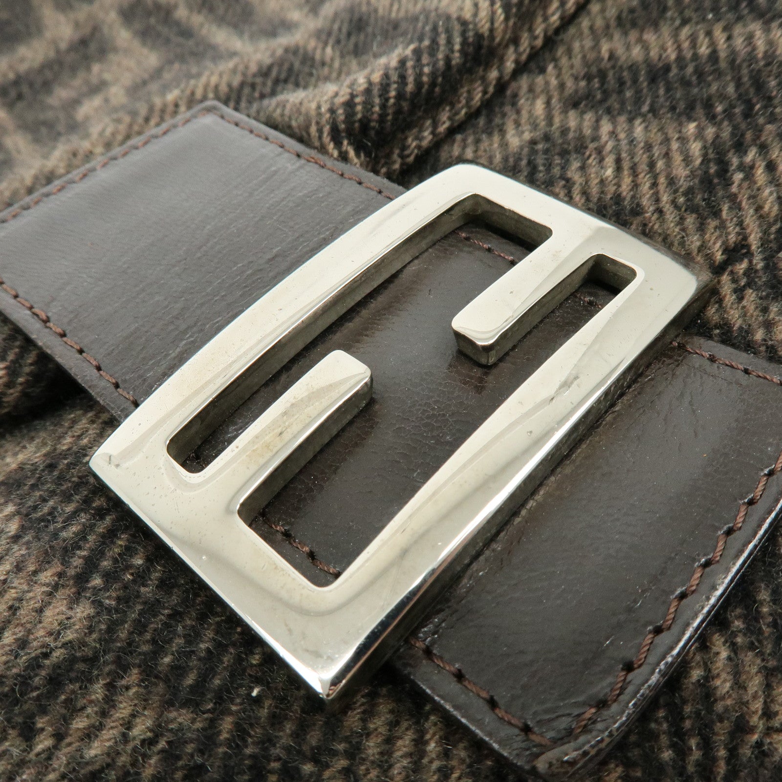 FENDI Mamma Baguette Zucca Wool Leather Shoulder Bag Brown 26325