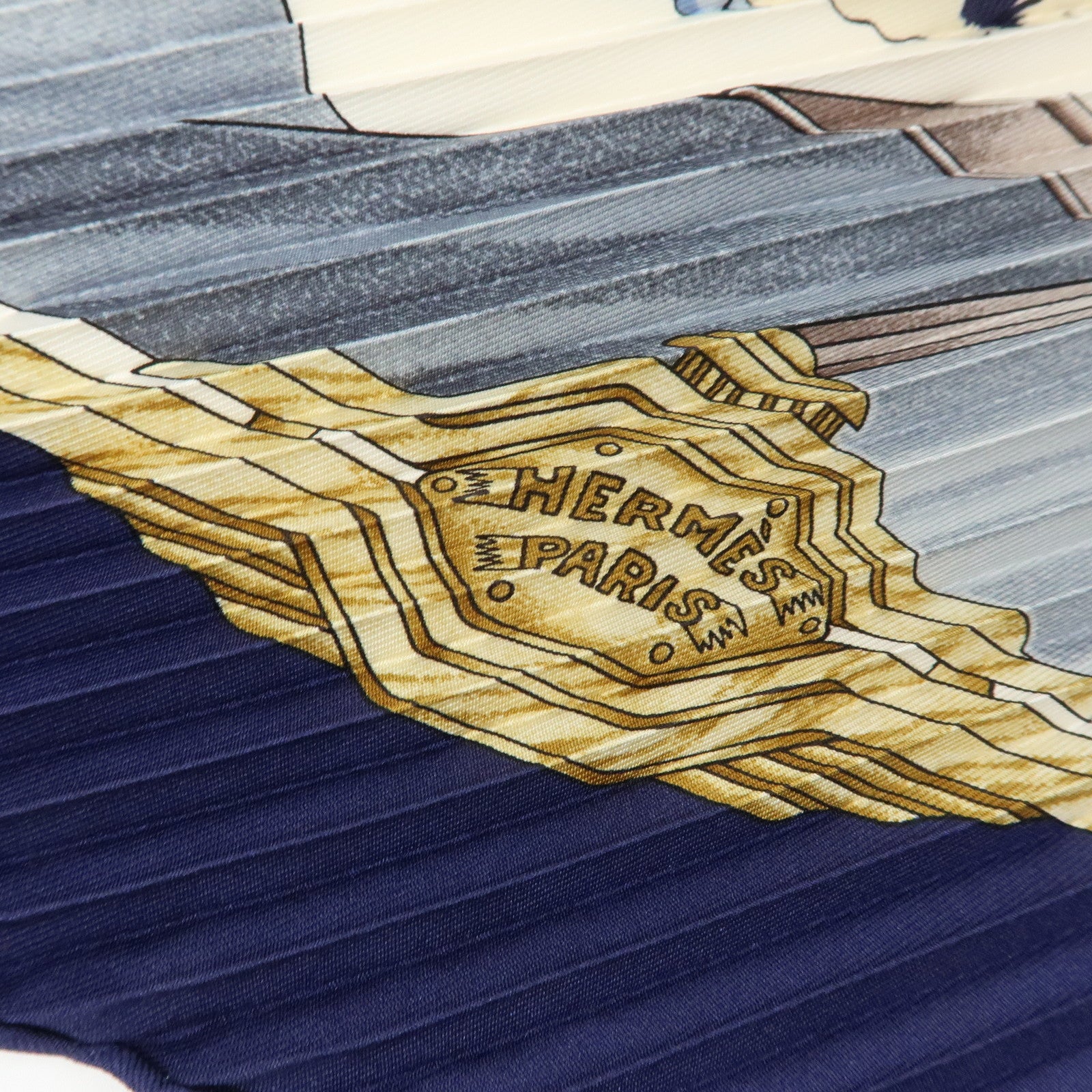 HERMES Pleated Carre 90 Silk 100% Scarf Automobile Print Navy White