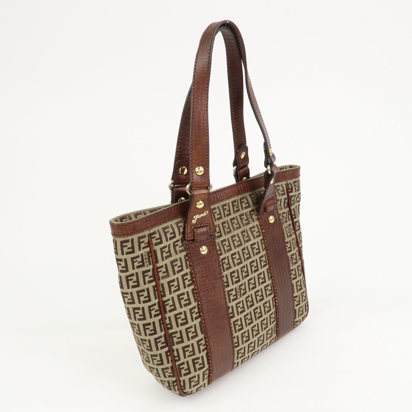 FENDI Zucchino Canvas Leather Tote Bag Shoulder Bag Brown 8BH161