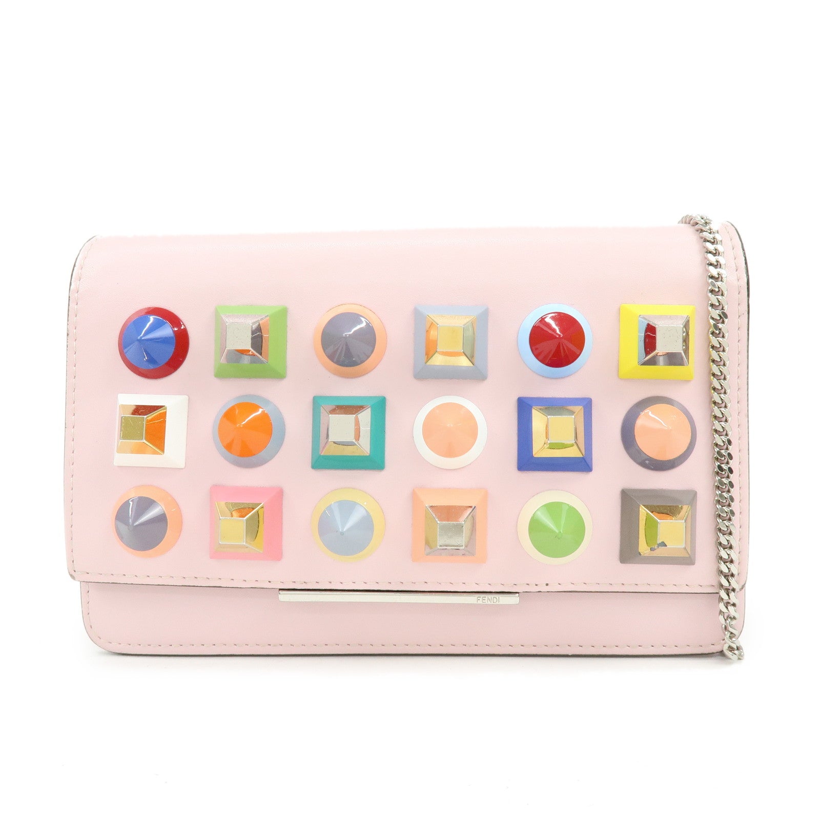 FENDI Leather Studs Chain Wallet Shoulder Bag Pink 8M0346
